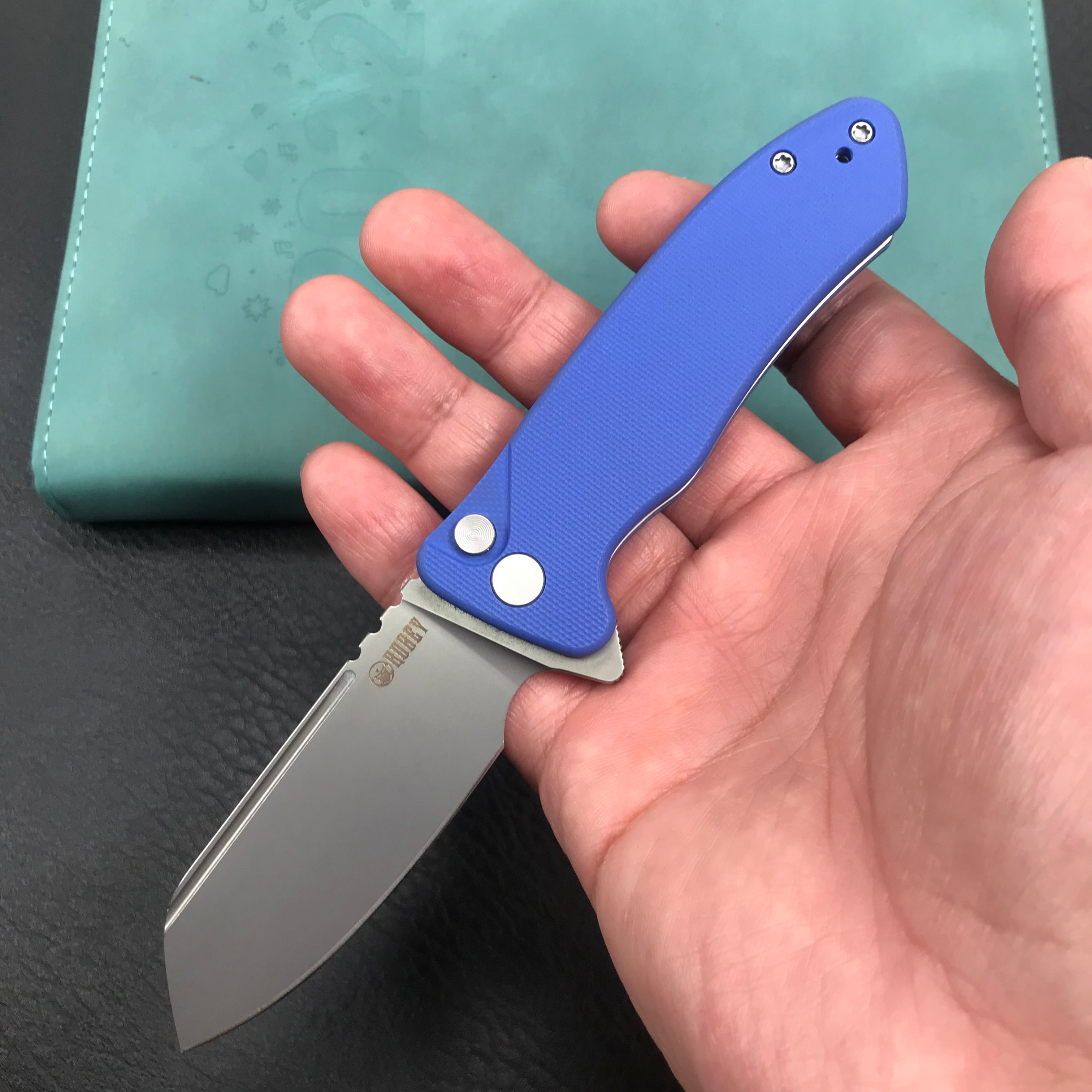 KUBEY KU336C Flipper And Button Lock Knife blue G10 Handle Blasted Stonewashed AUS-10