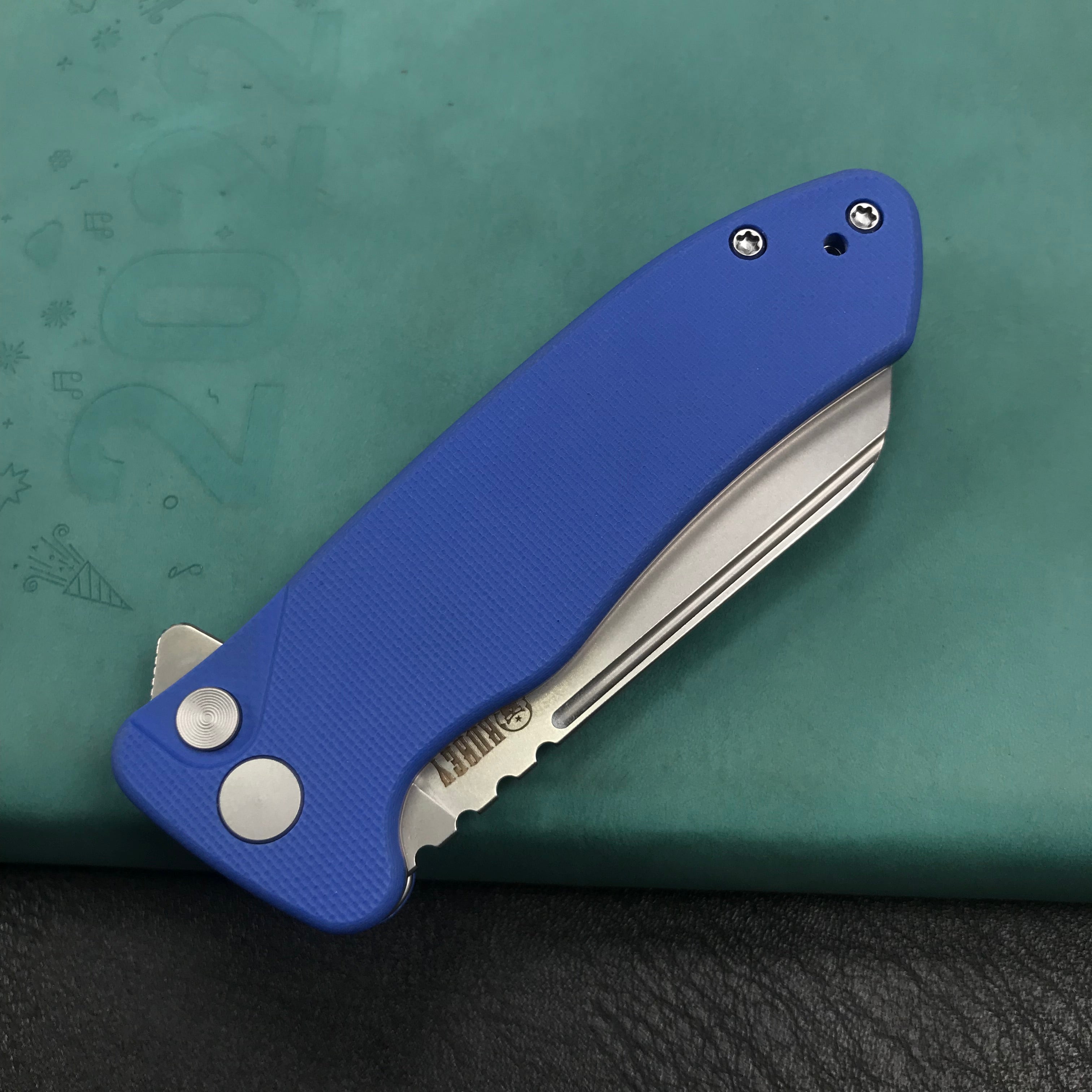 KUBEY KU336C Flipper And Button Lock Knife blue G10 Handle Blasted Stonewashed AUS-10