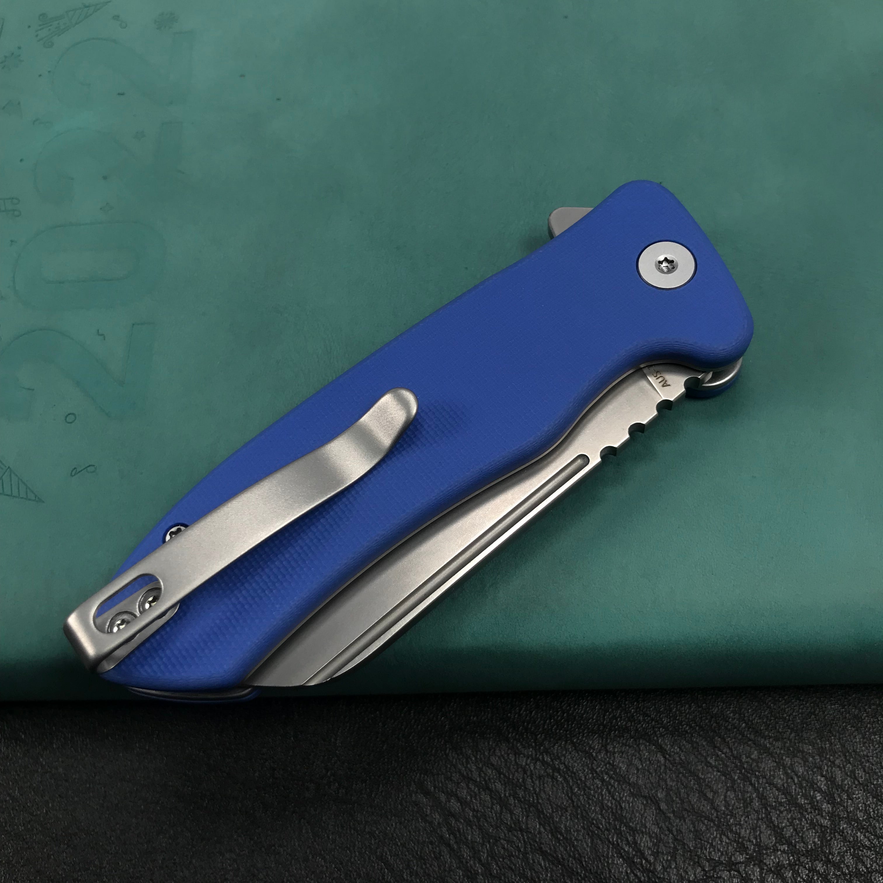 KUBEY KU336C Flipper And Button Lock Knife blue G10 Handle Blasted Stonewashed AUS-10