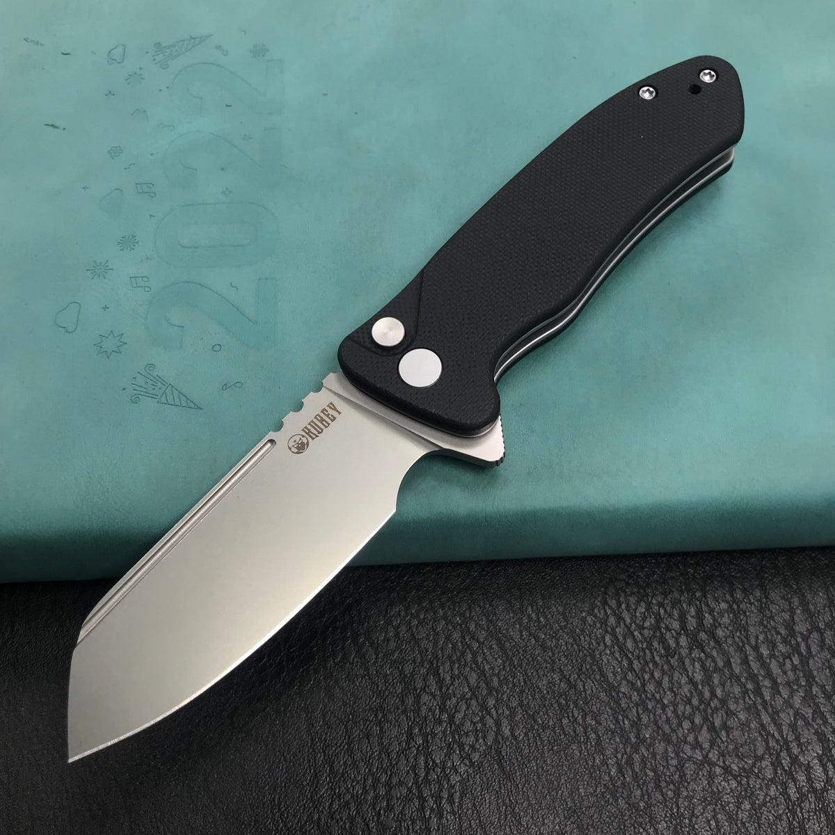 KUBEY KU336E Flipper And Button Lock Knife Black G10 Handle Blasted Stonewashed AUS-10