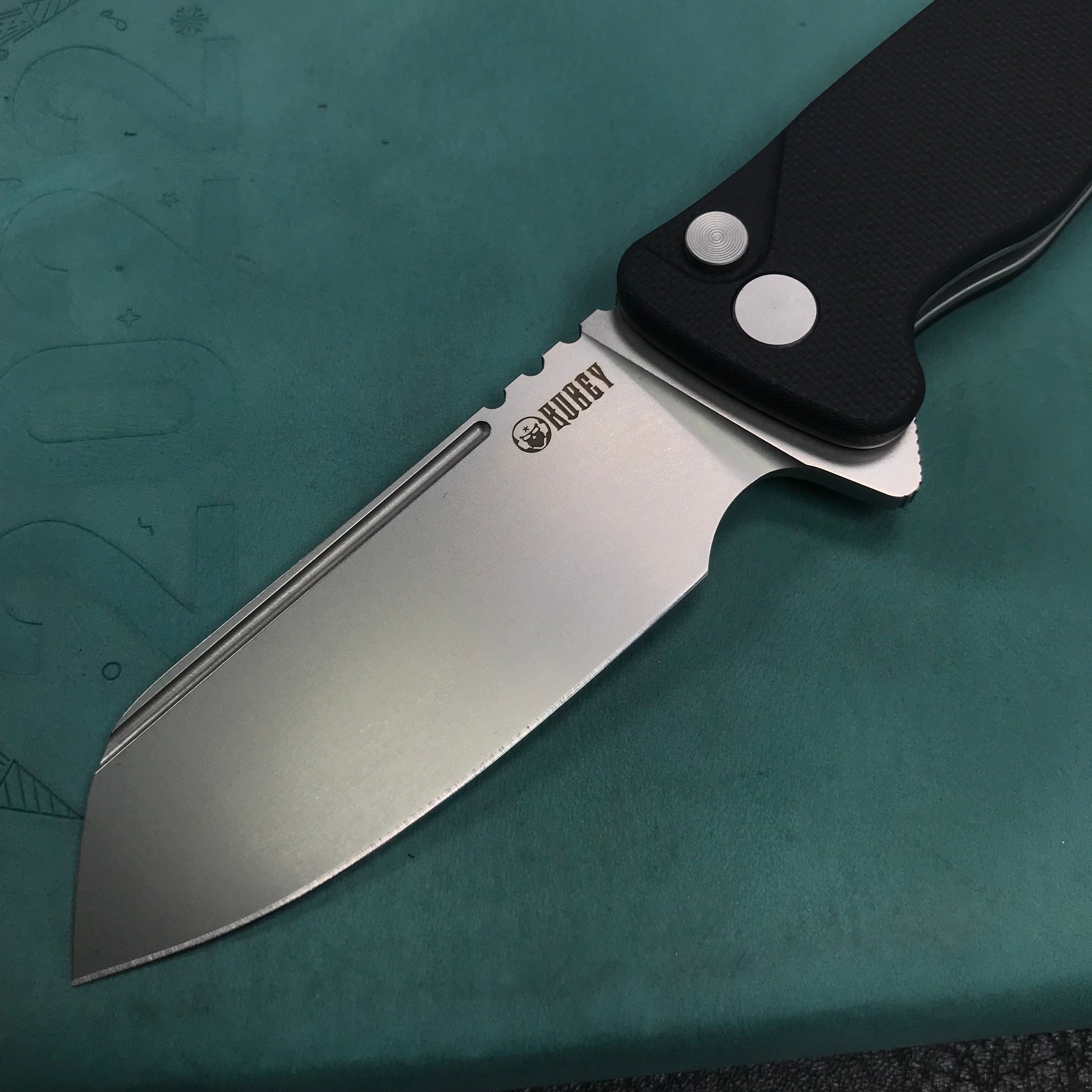 KUBEY KU336E Flipper And Button Lock Knife Black G10 Handle Blasted Stonewashed AUS-10