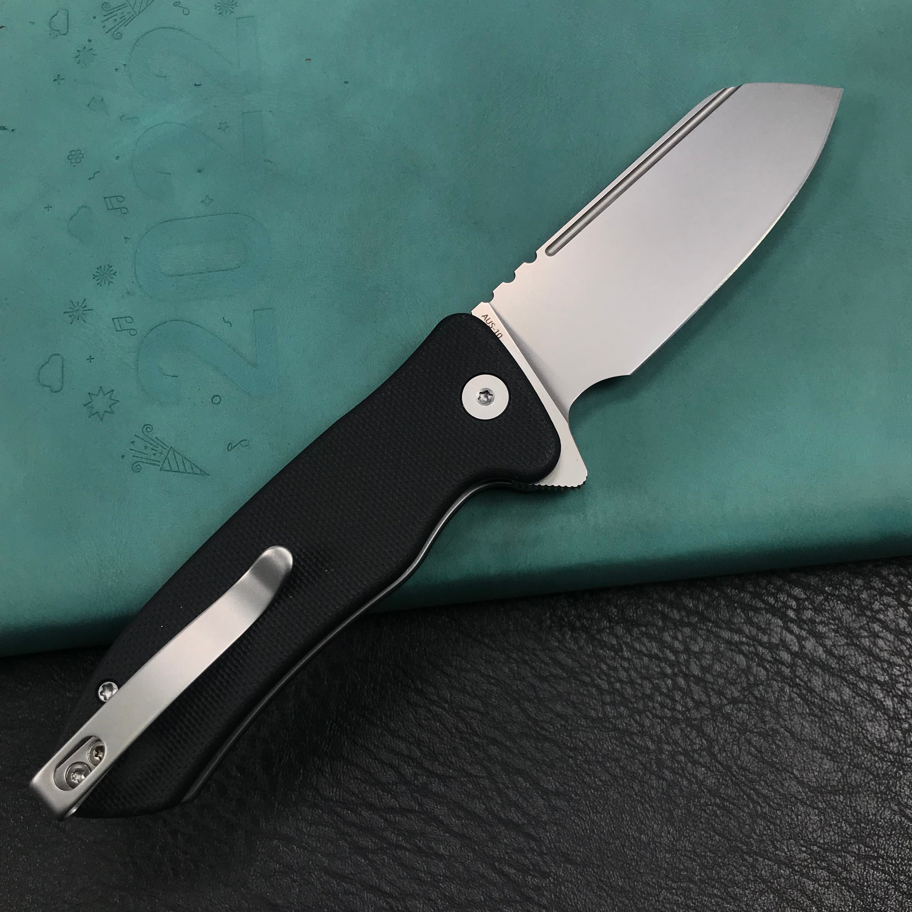 KUBEY KU336E Flipper And Button Lock Knife Black G10 Handle Blasted Stonewashed AUS-10