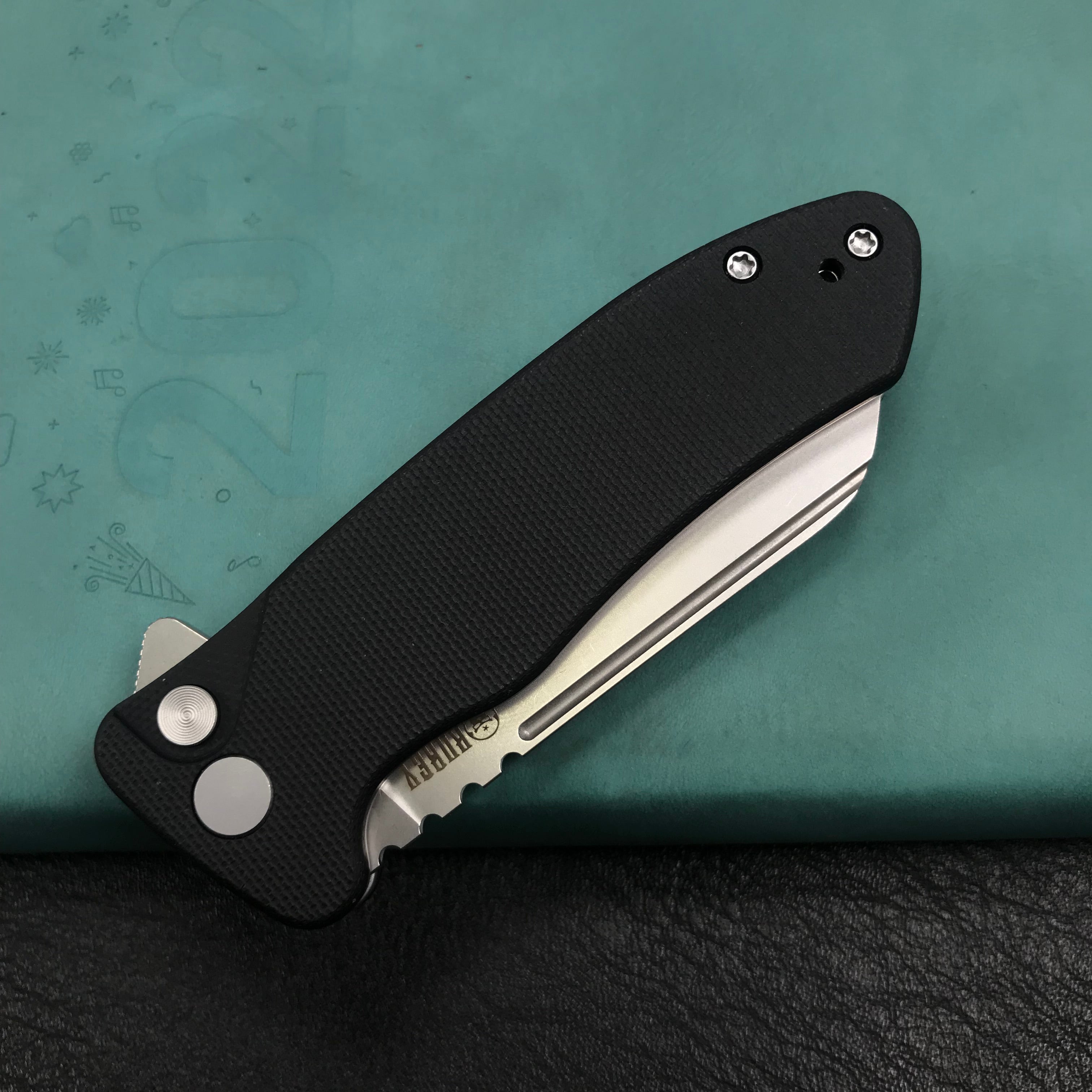 KUBEY KU336E Flipper And Button Lock Knife Black G10 Handle Blasted Stonewashed AUS-10