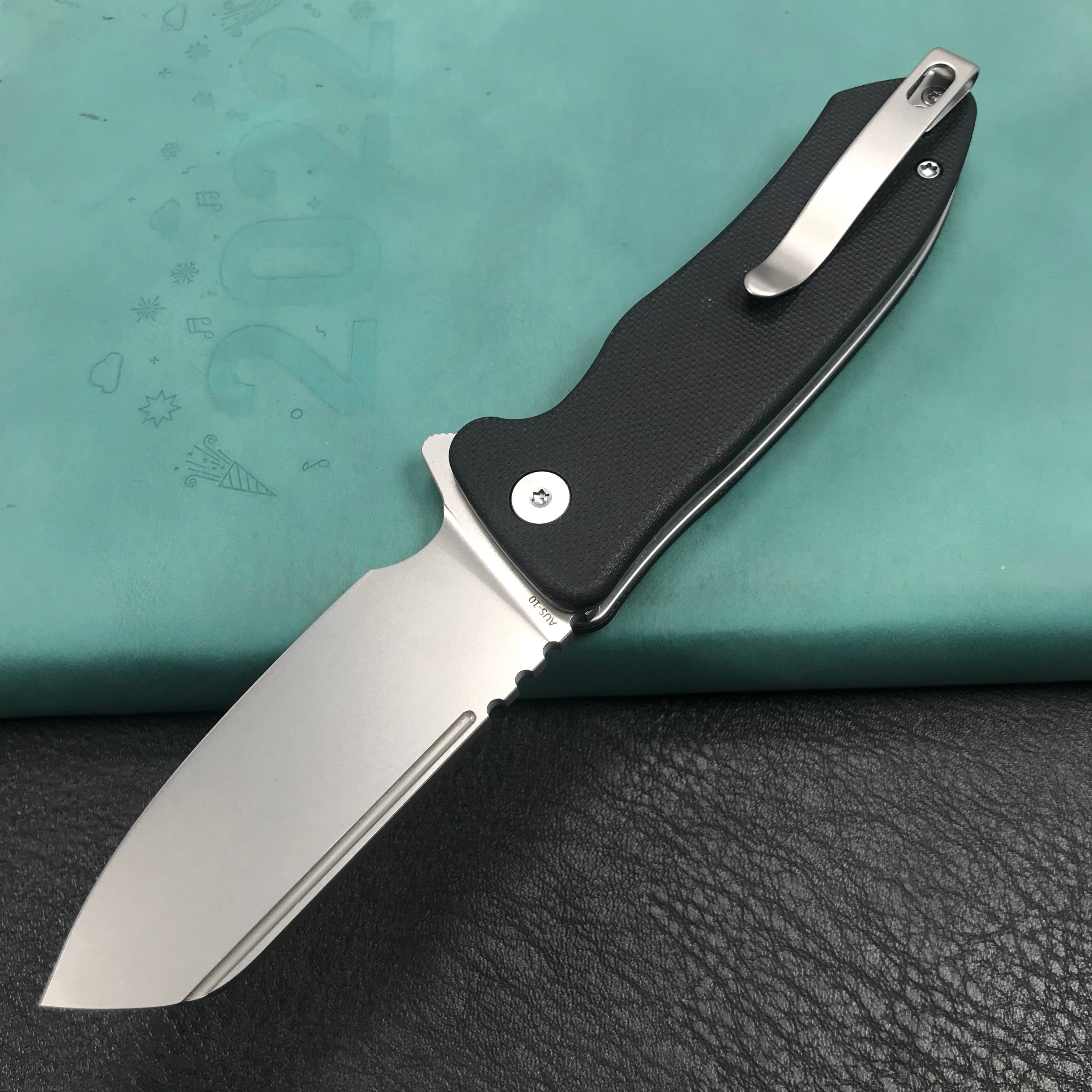 KUBEY KU336E Flipper And Button Lock Knife Black G10 Handle Blasted Stonewashed AUS-10