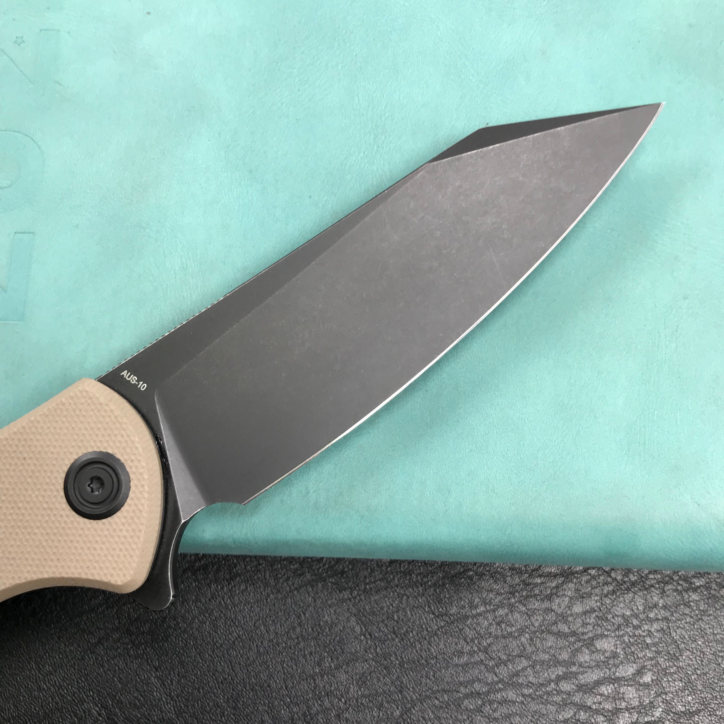 KUBEY KU158J Flash Liner Lock Flipper Folding Knife Tan G10 Handle 3.82" Black Stonewashe AUS-10