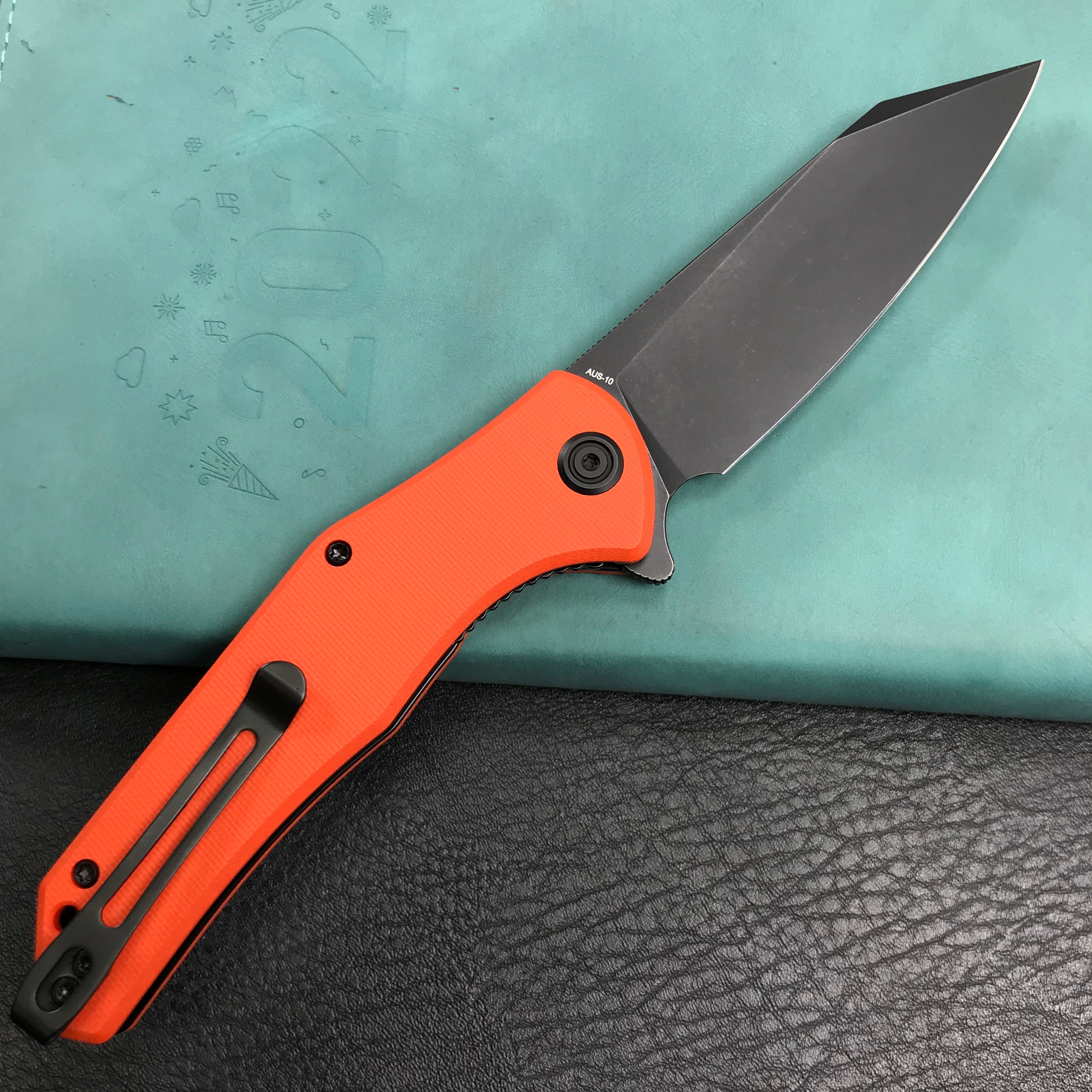 KUBEY KU158G Flash Liner Lock Flipper Folding Knife Orange G10 Handle 3.82" Black Stonewashe AUS-10