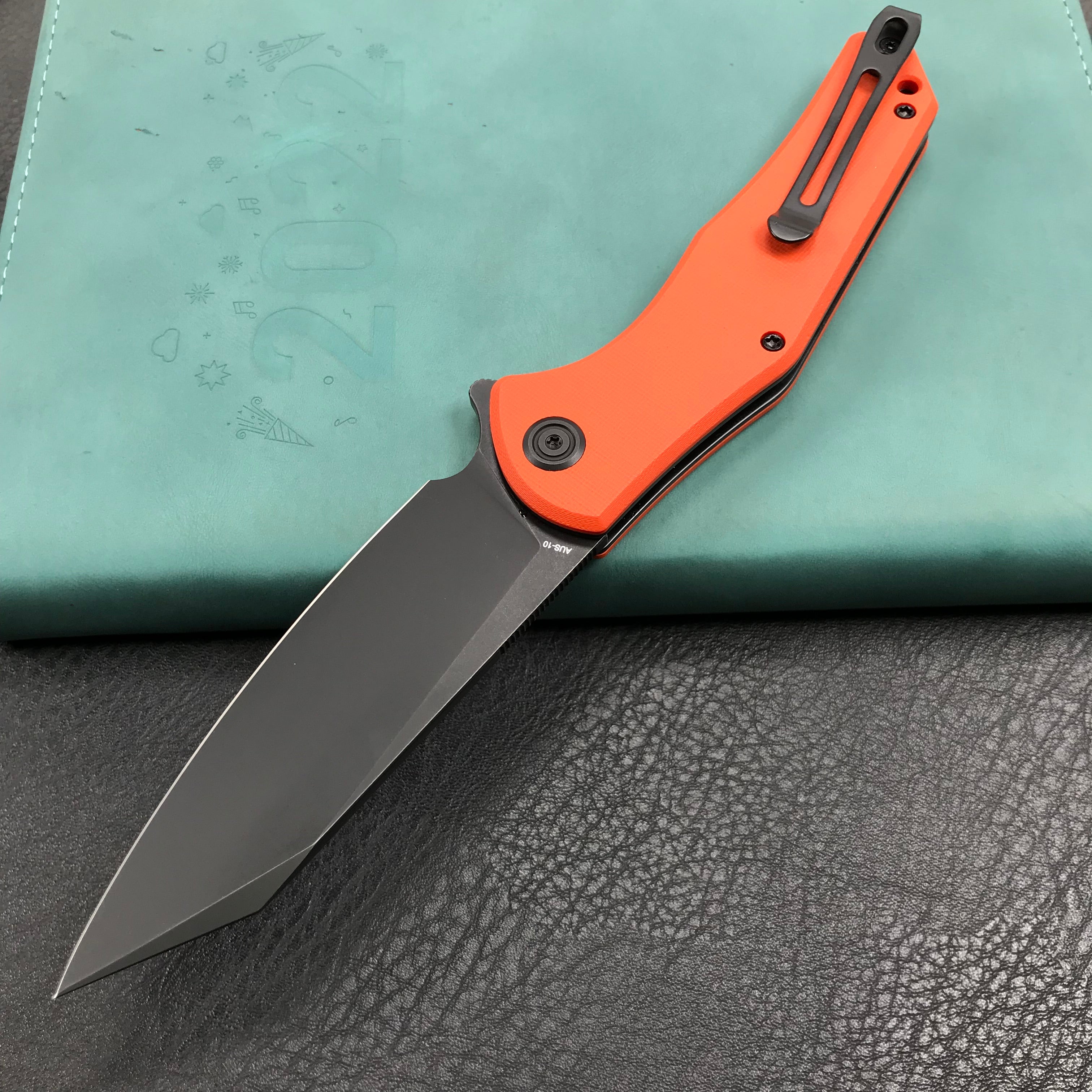 KUBEY KU158G Flash Liner Lock Flipper Folding Knife Orange G10 Handle 3.82" Black Stonewashe AUS-10