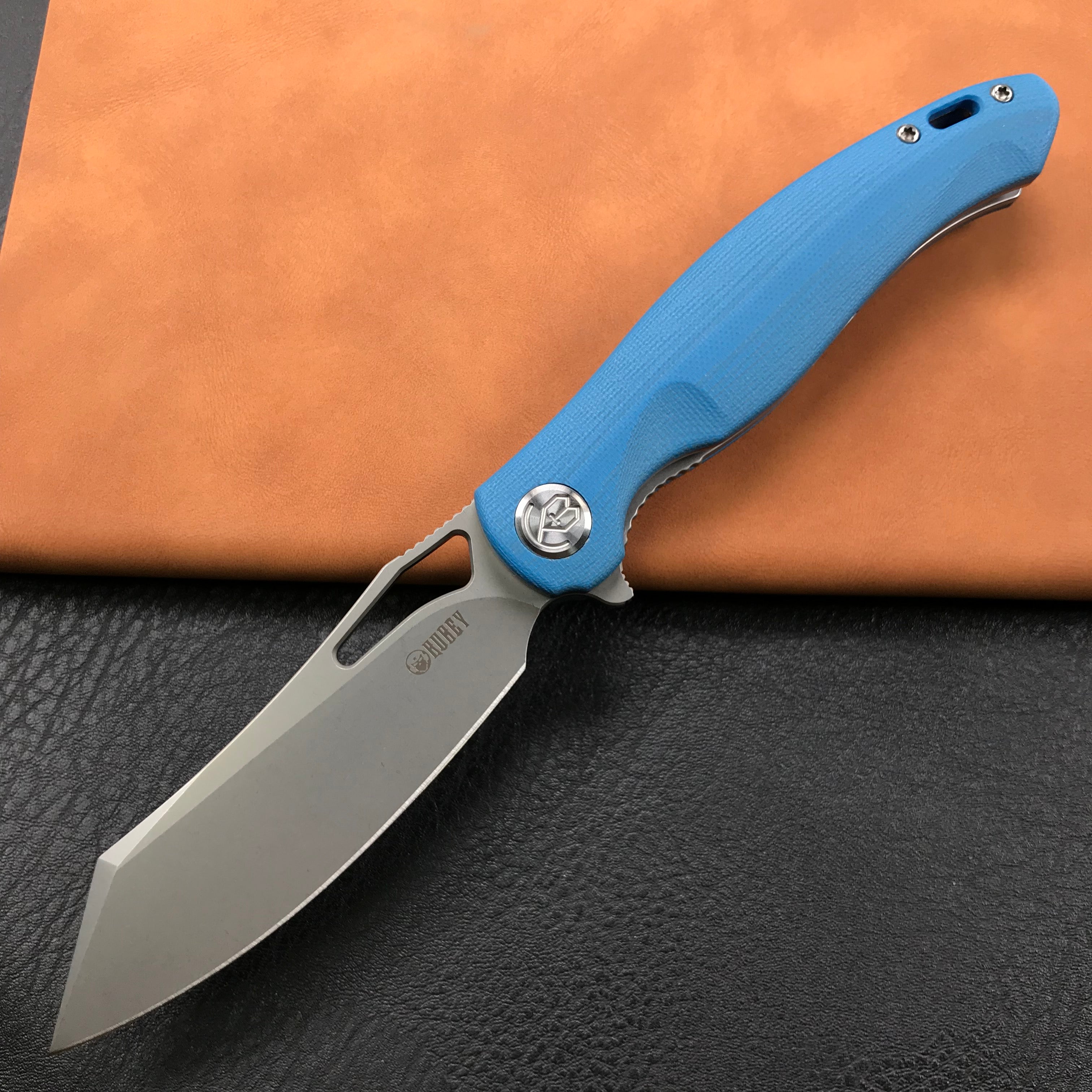 KUBEY KB239D Drake Lliner Lock Folding Knife Blue G10 Handle (3.7' Blasted Stonewashed AUS-10)