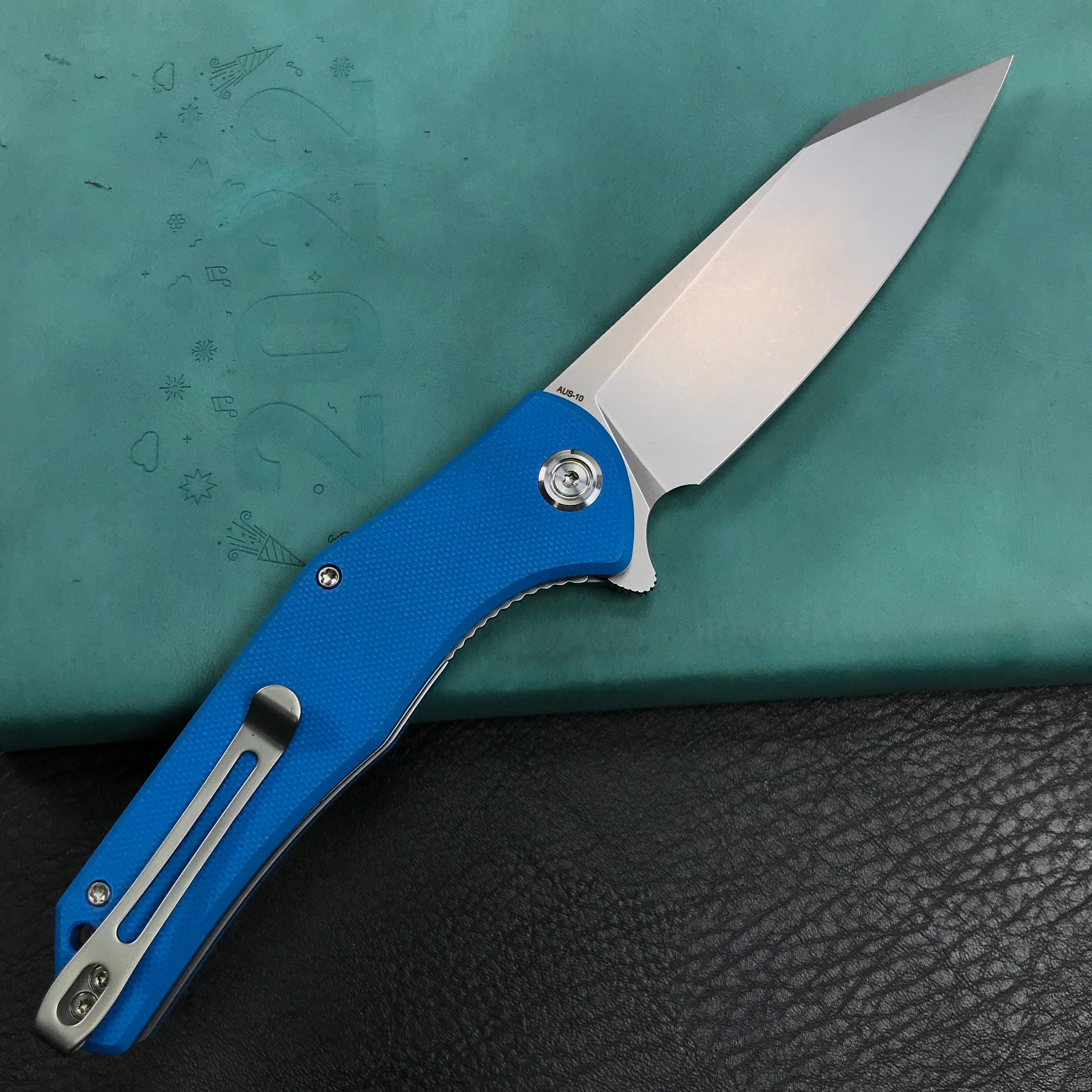 KUBEY KU158H Flash Liner Lock Flipper Folding Knife blue G10 Handle 3.82" Blasted Stonewashed AUS-10