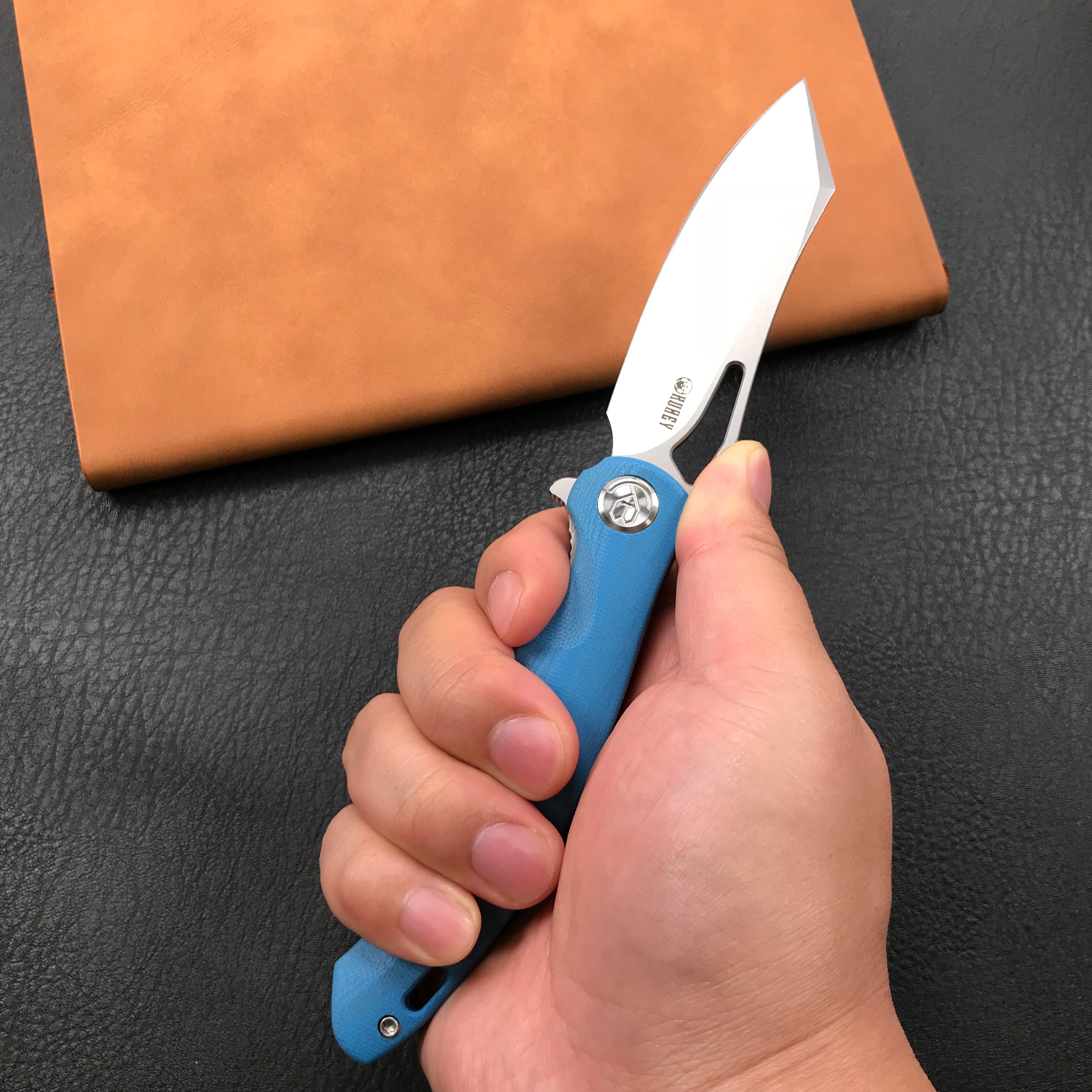 KUBEY KB239D Drake Lliner Lock Folding Knife Blue G10 Handle (3.7' Blasted Stonewashed AUS-10)