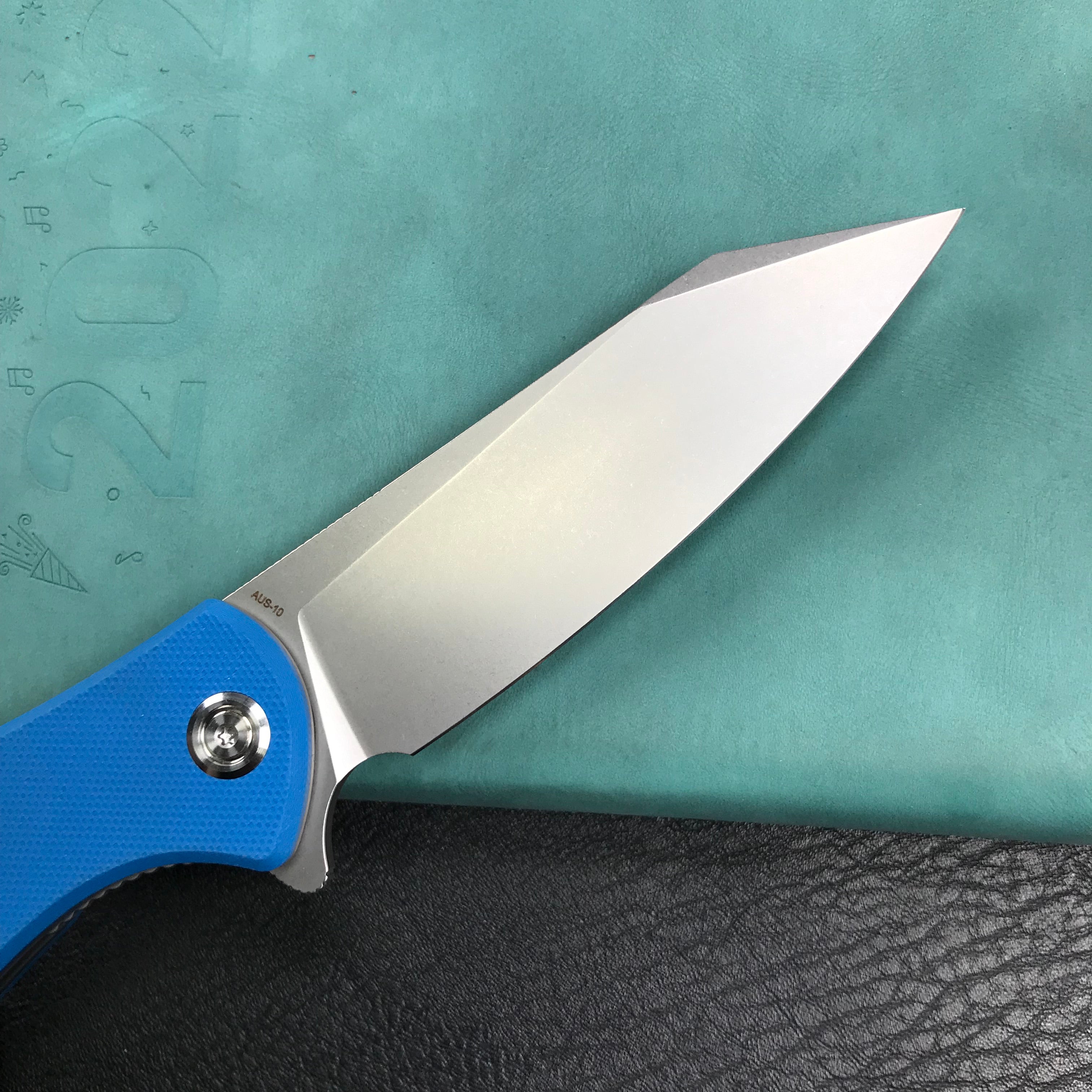 KUBEY KU158H Flash Liner Lock Flipper Folding Knife blue G10 Handle 3.82" Blasted Stonewashed AUS-10