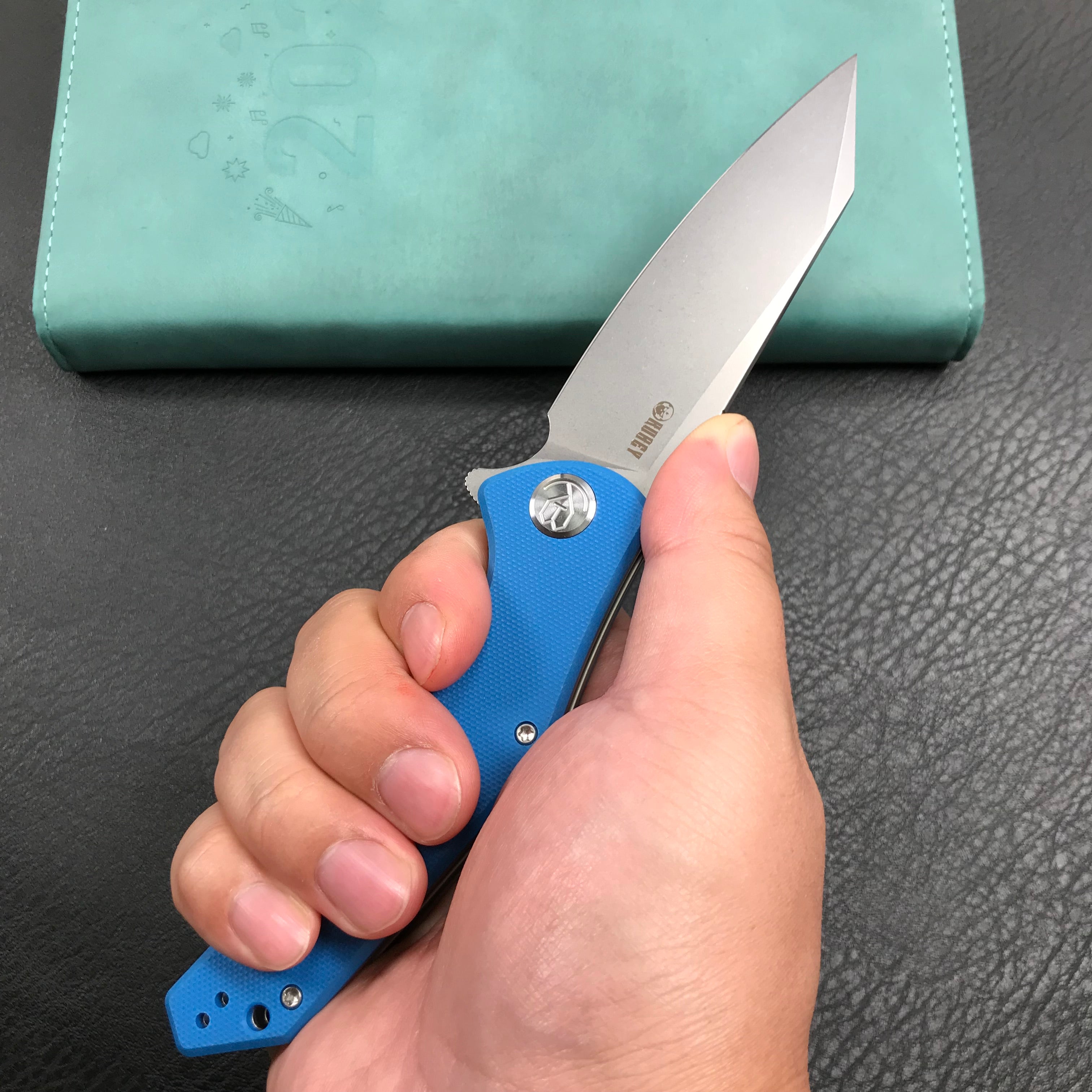 KUBEY KU158H Flash Liner Lock Flipper Folding Knife blue G10 Handle 3.82" Blasted Stonewashed AUS-10