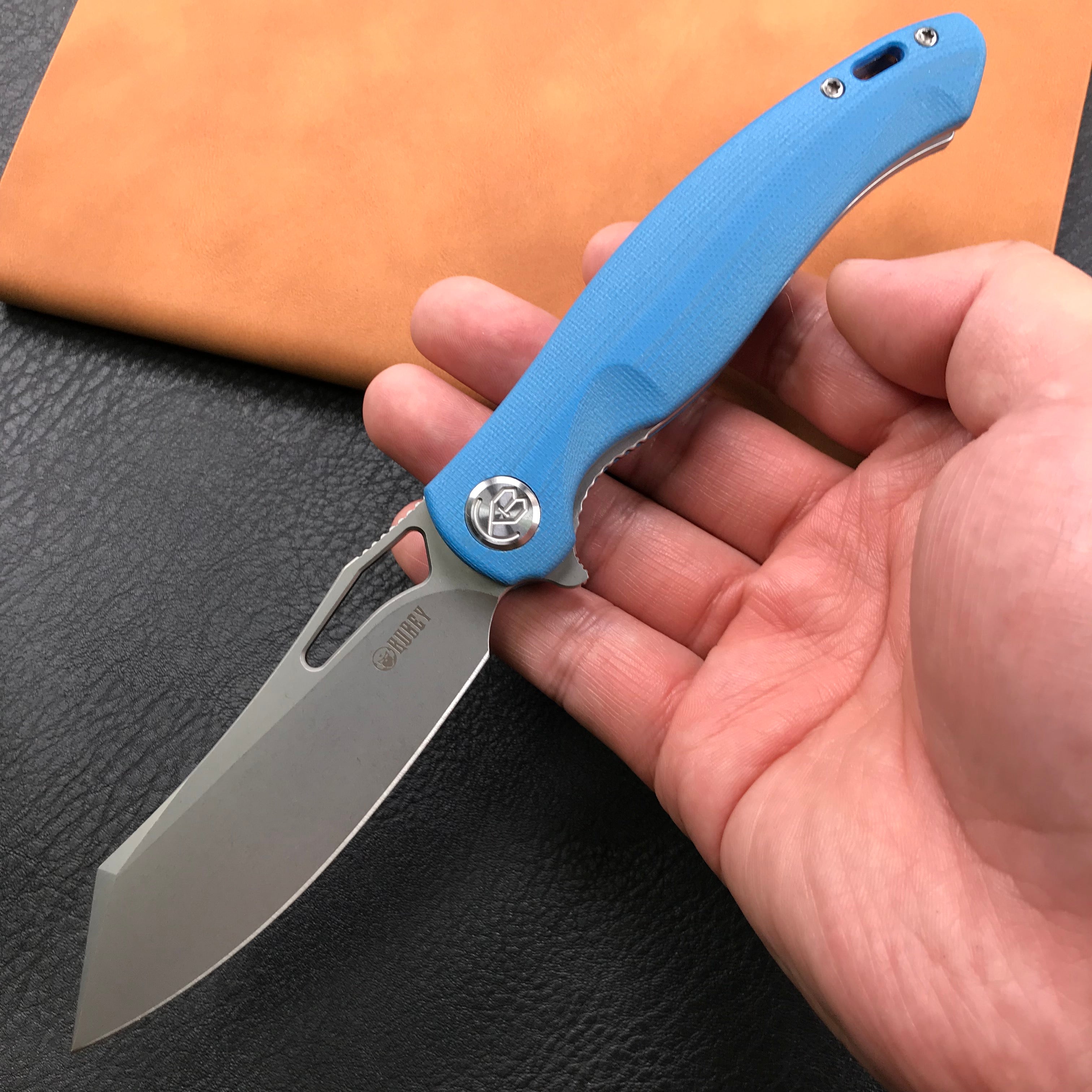 KUBEY KB239D Drake Lliner Lock Folding Knife Blue G10 Handle (3.7' Blasted Stonewashed AUS-10)