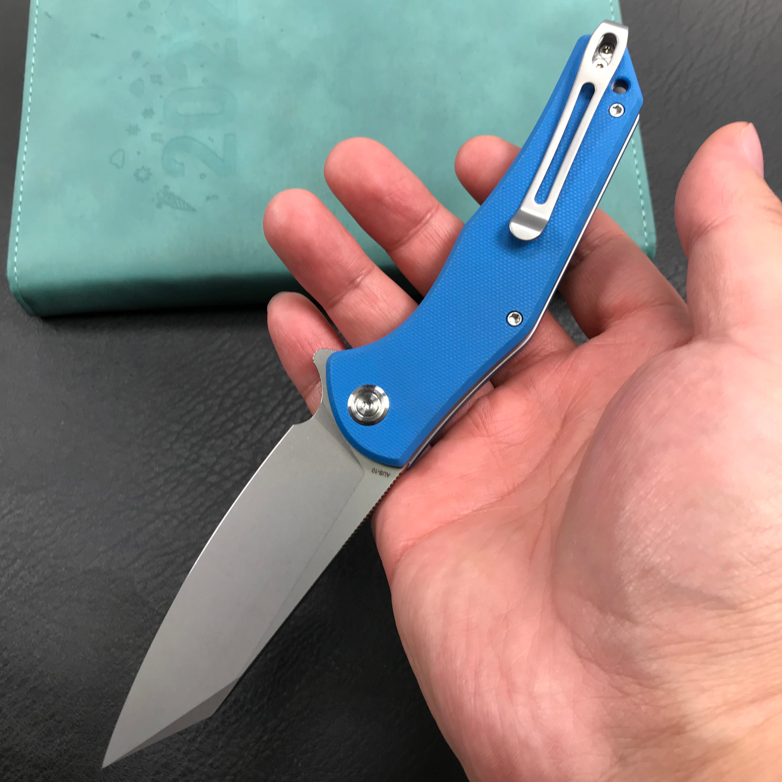 KUBEY KU158H Flash Liner Lock Flipper Folding Knife blue G10 Handle 3.82" Blasted Stonewashed AUS-10