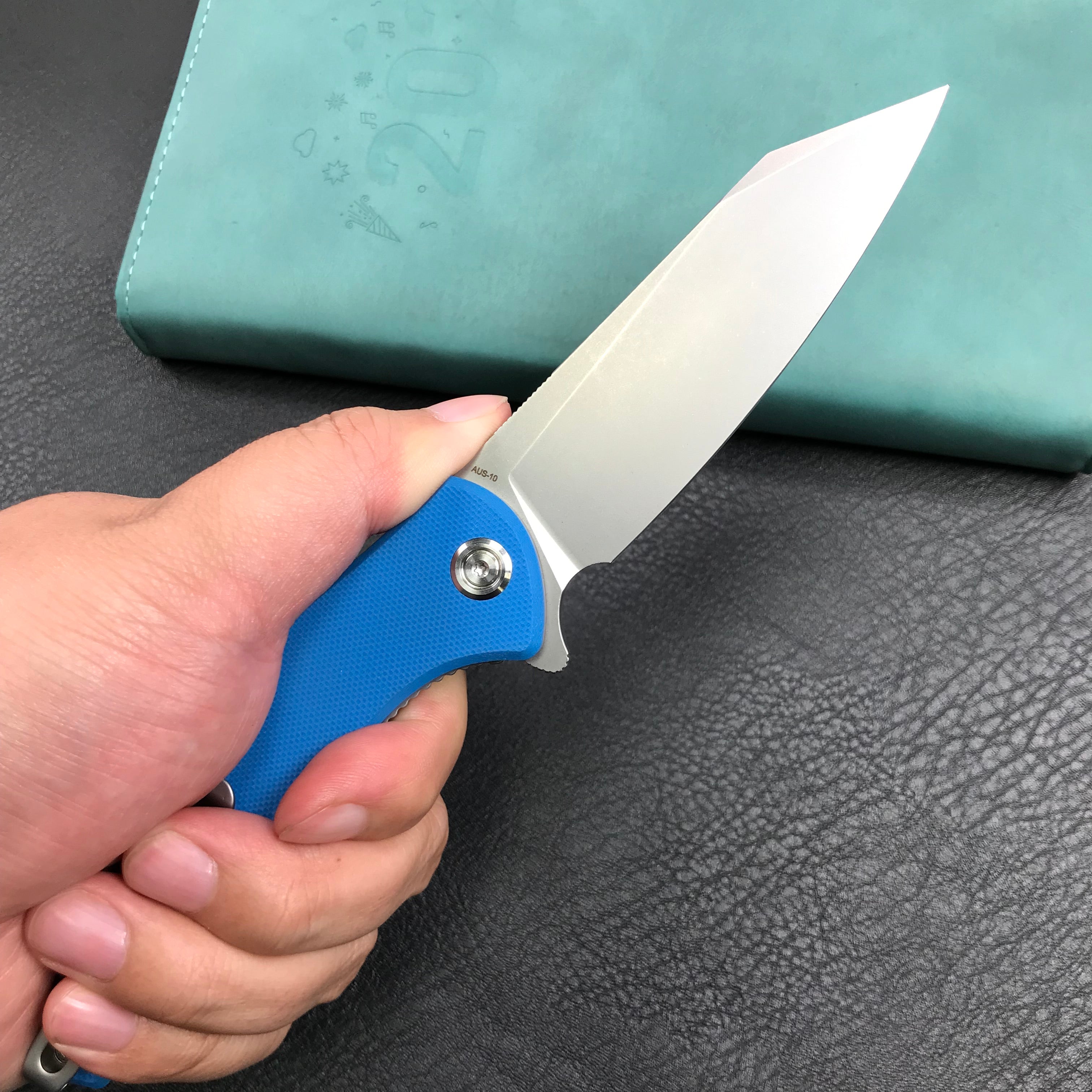 KUBEY KU158H Flash Liner Lock Flipper Folding Knife blue G10 Handle 3.82" Blasted Stonewashed AUS-10