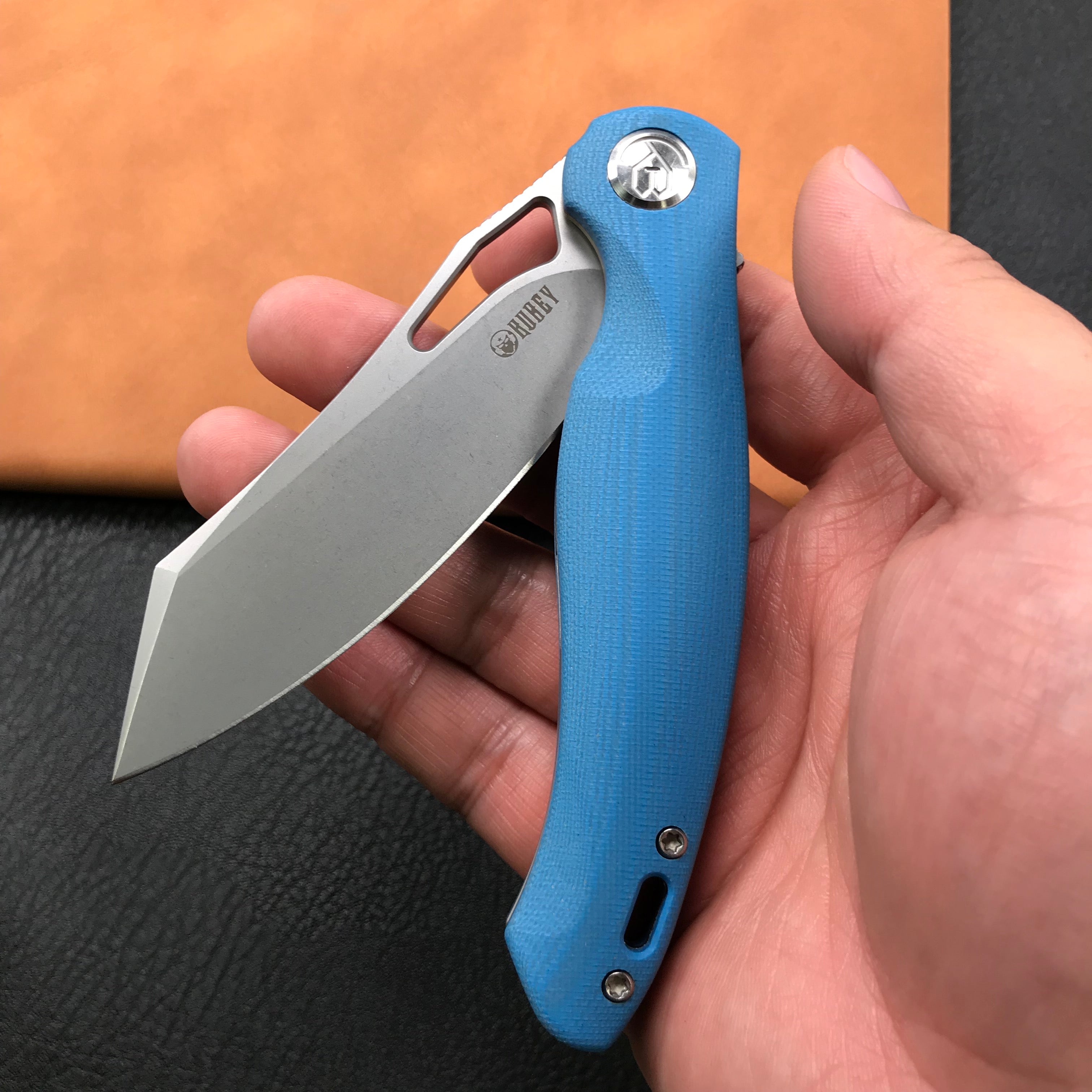 KUBEY KB239D Drake Lliner Lock Folding Knife Blue G10 Handle (3.7' Blasted Stonewashed AUS-10)