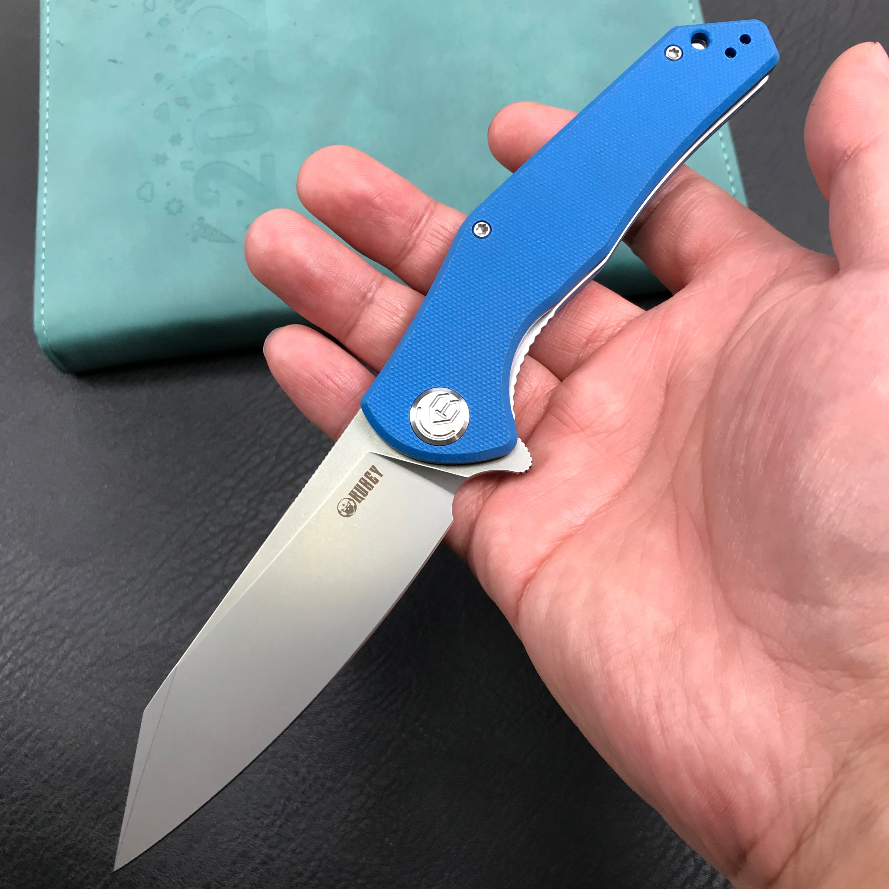 KUBEY KU158H Flash Liner Lock Flipper Folding Knife blue G10 Handle 3.82" Blasted Stonewashed AUS-10