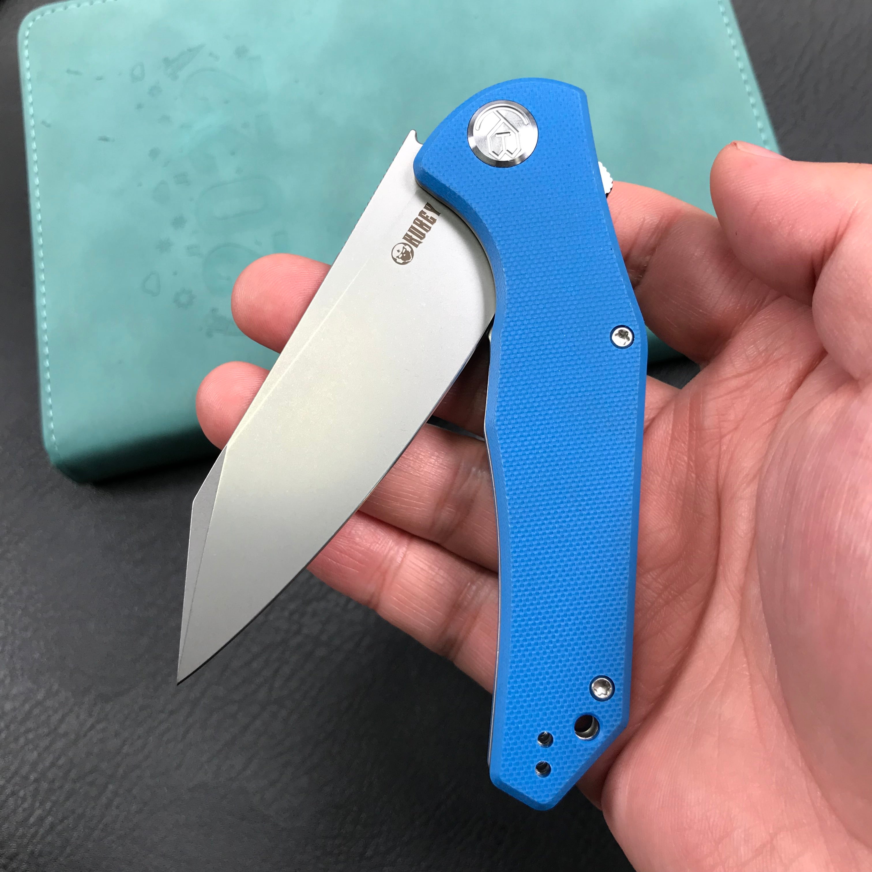 KUBEY KU158H Flash Liner Lock Flipper Folding Knife blue G10 Handle 3.82" Blasted Stonewashed AUS-10