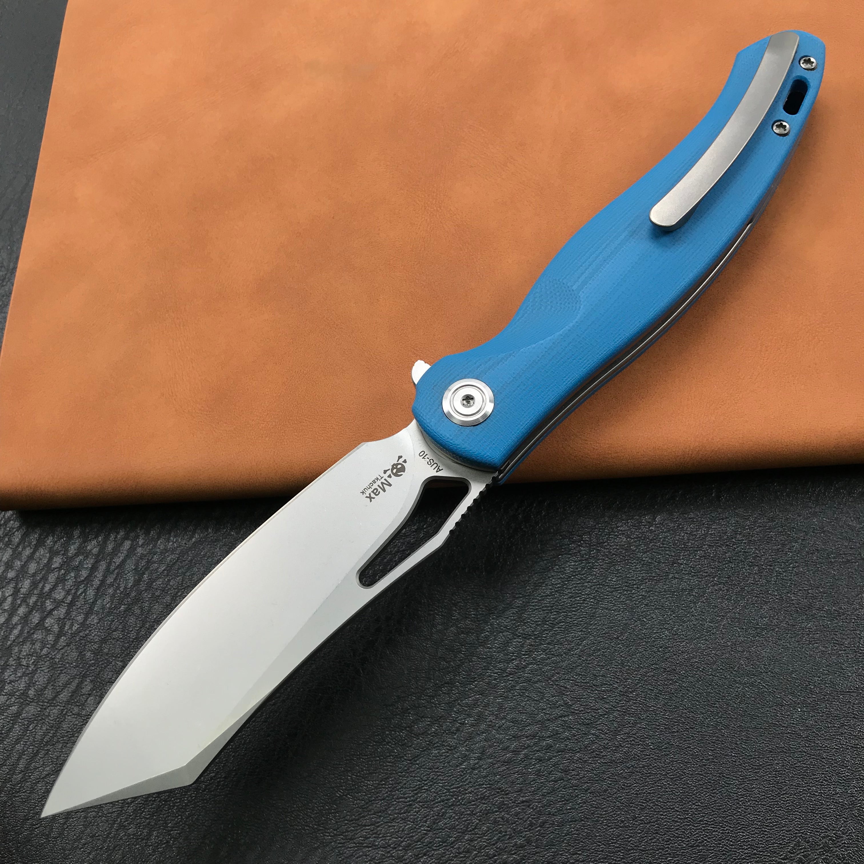 KUBEY KB239D Drake Lliner Lock Folding Knife Blue G10 Handle (3.7' Blasted Stonewashed AUS-10)