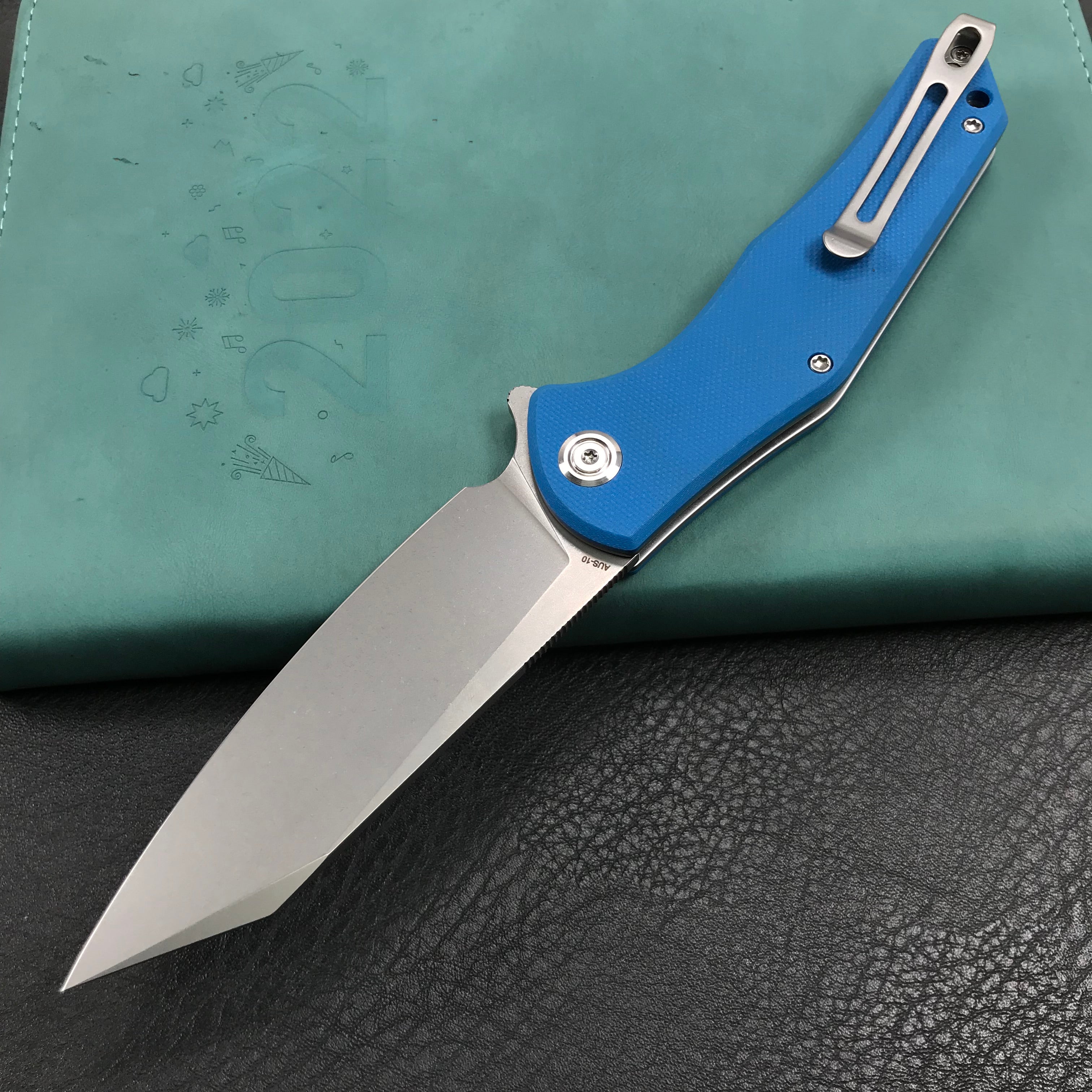 KUBEY KU158H Flash Liner Lock Flipper Folding Knife blue G10 Handle 3.82" Blasted Stonewashed AUS-10