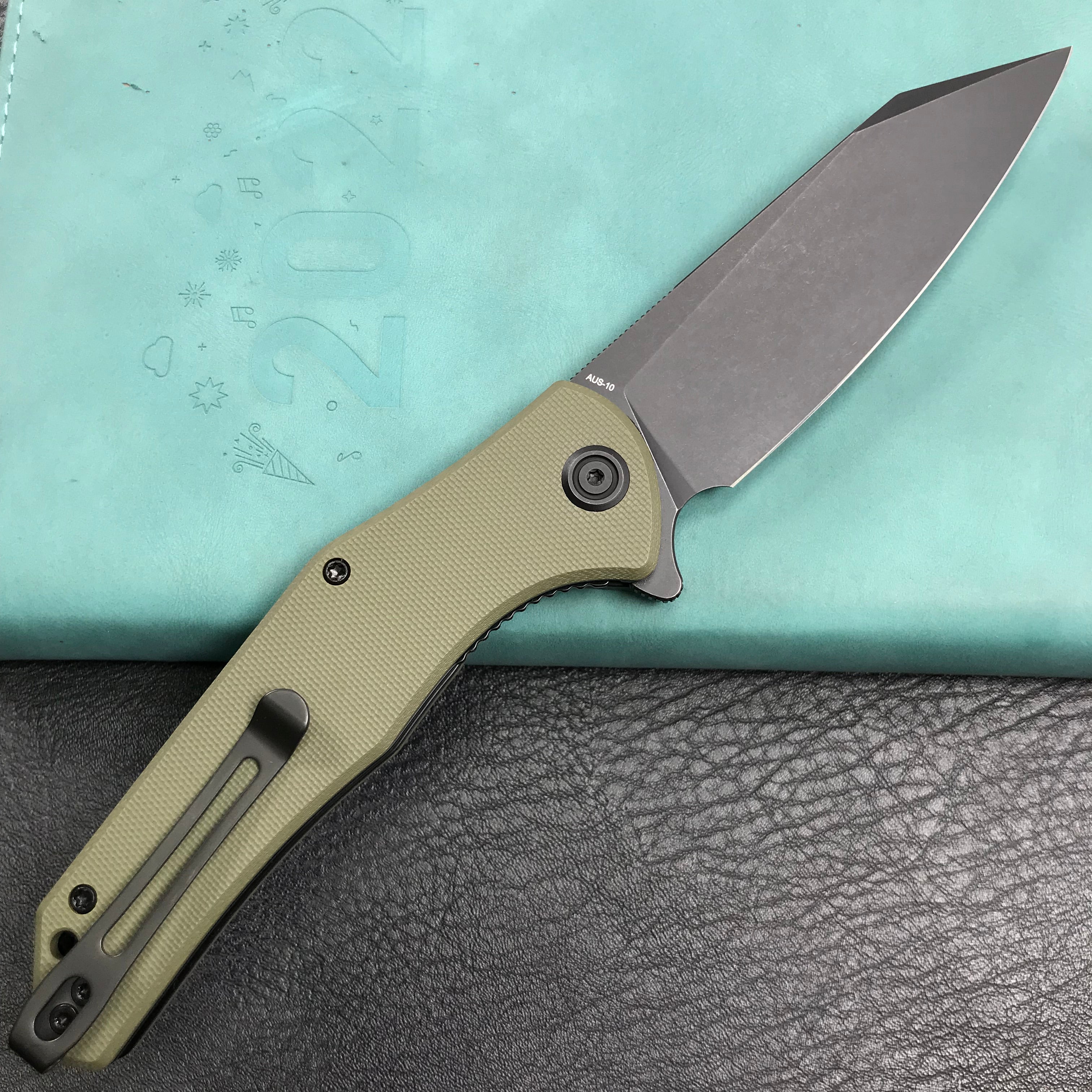 KUBEY KU158F Flash Liner Lock Flipper Folding Knife green G10 Handle 3.82" Black Stonewashe AUS-10