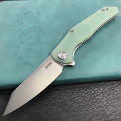 KUBEY KU158I Flash Liner Lock Flipper Folding Knife Jade G10 Handle 3.82" Blasted Stonewashed AUS-10