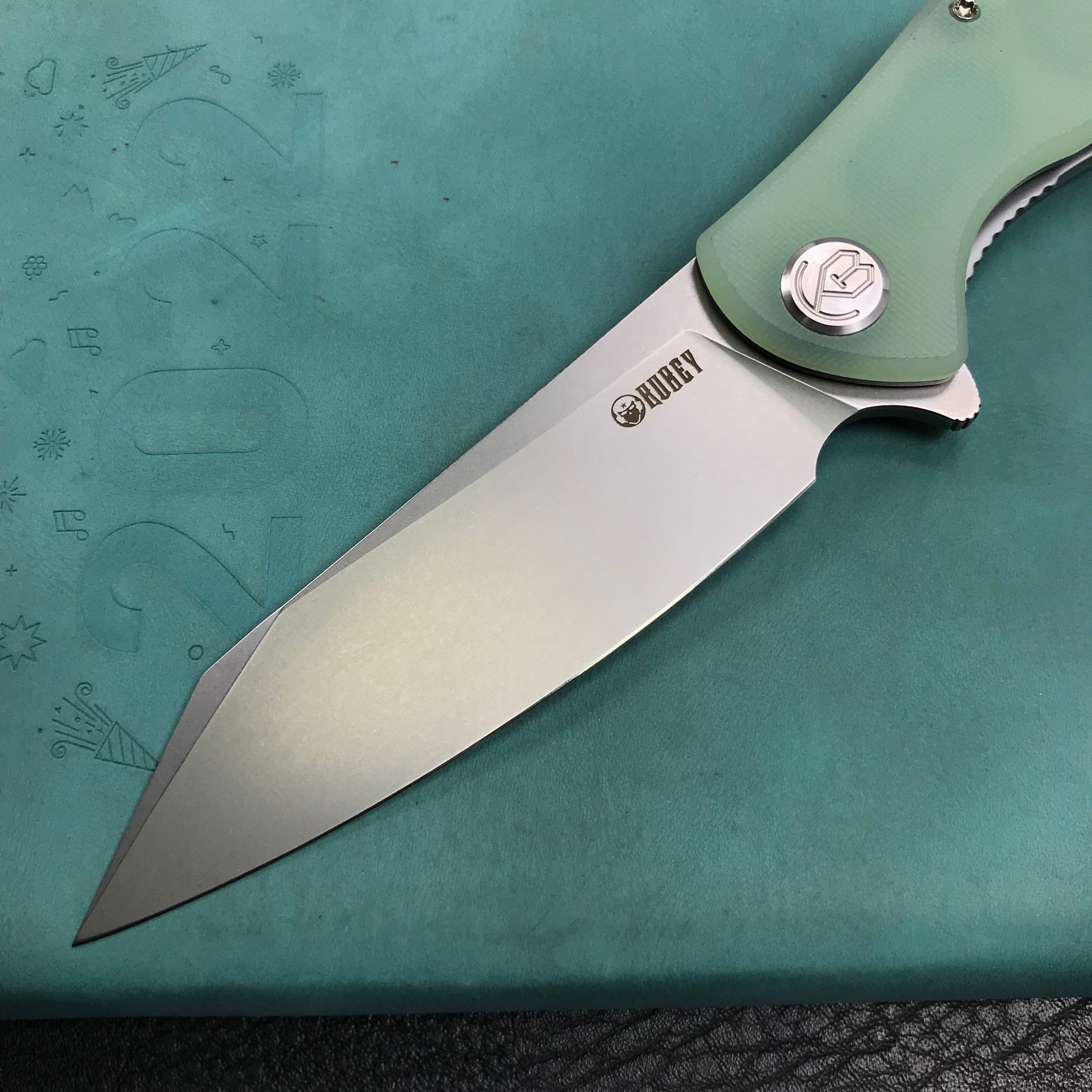 KUBEY KU158I Flash Liner Lock Flipper Folding Knife Jade G10 Handle 3.82" Blasted Stonewashed AUS-10