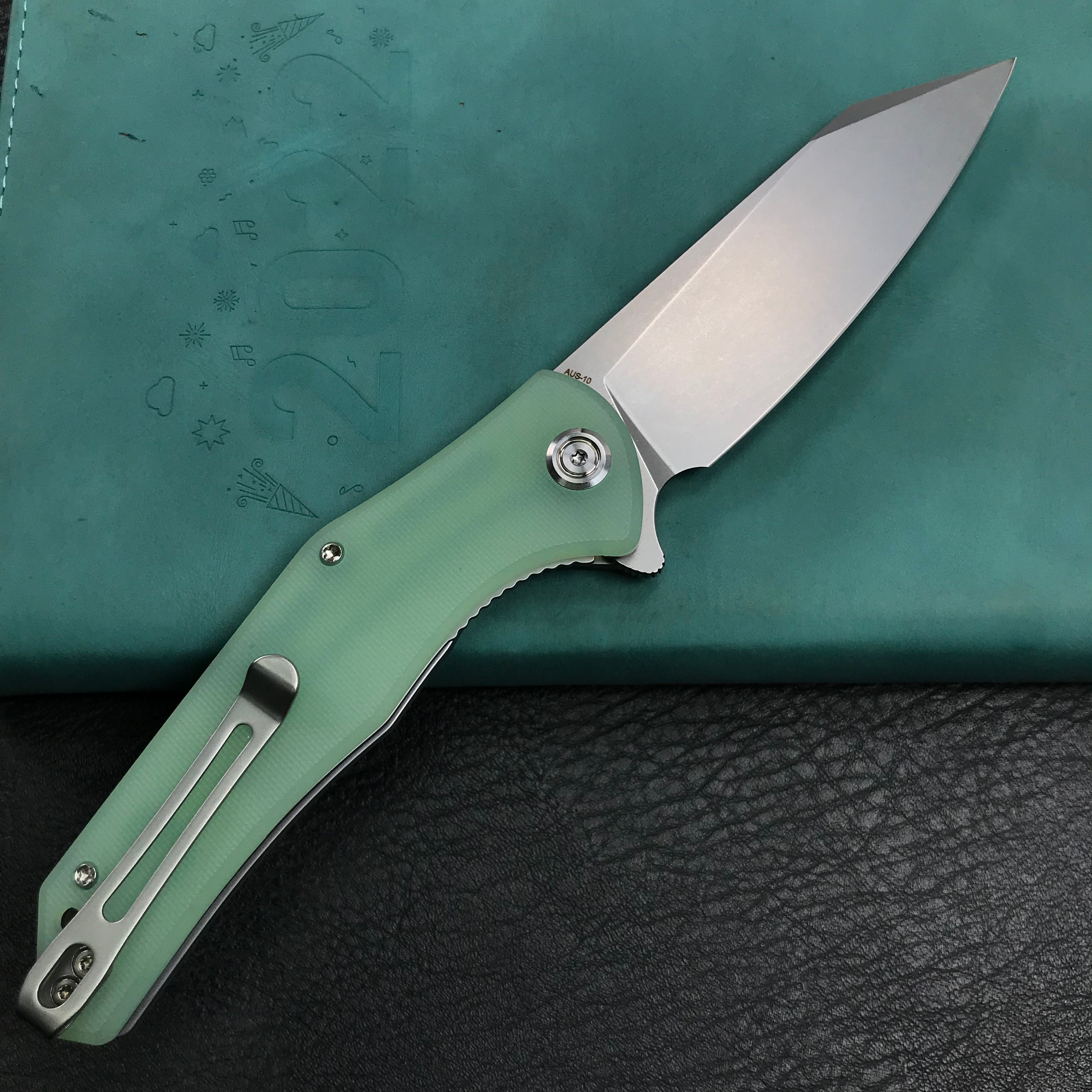 KUBEY KU158I Flash Liner Lock Flipper Folding Knife Jade G10 Handle 3.82" Blasted Stonewashed AUS-10