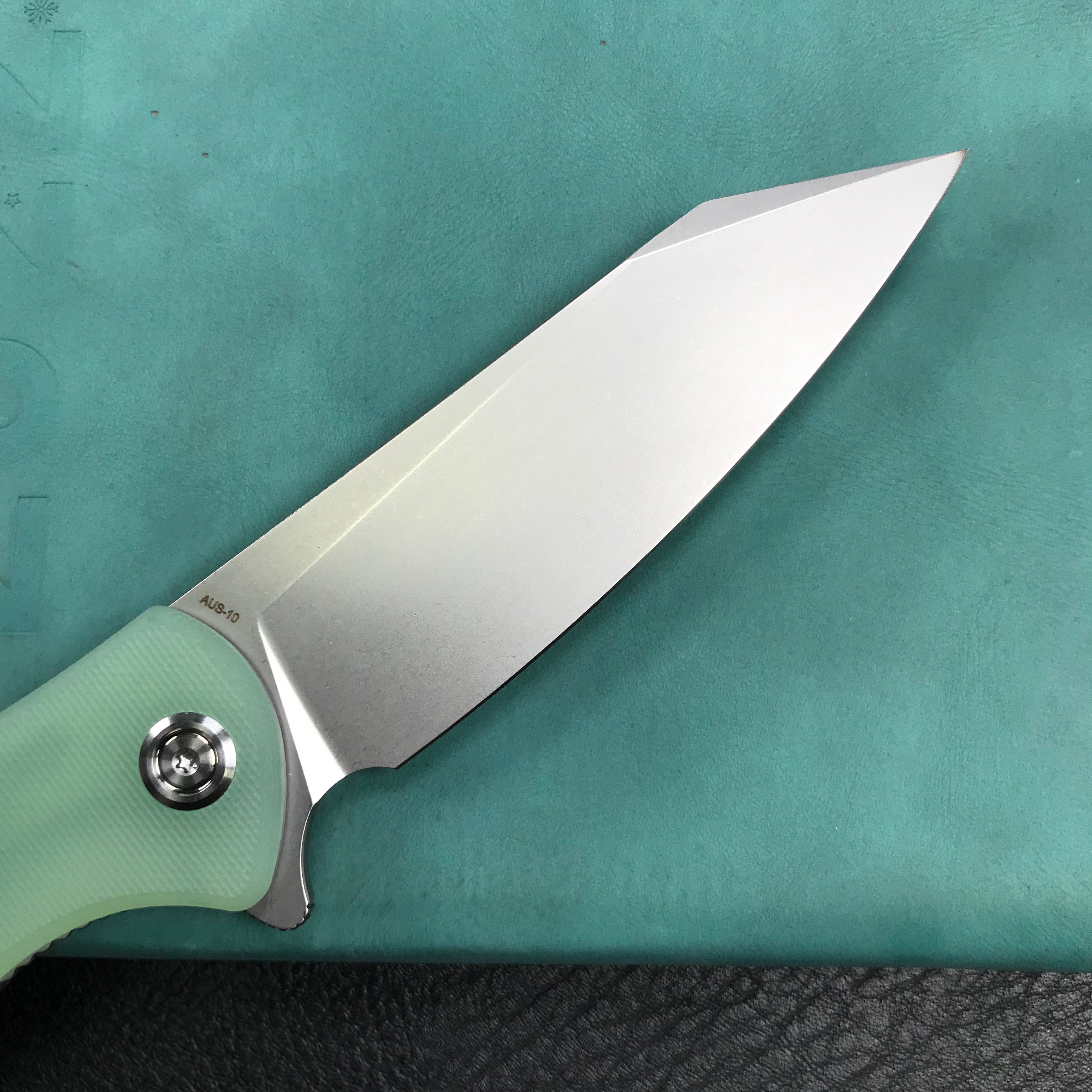 KUBEY KU158I Flash Liner Lock Flipper Folding Knife Jade G10 Handle 3.82" Blasted Stonewashed AUS-10