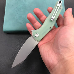 KUBEY KU158I Flash Liner Lock Flipper Folding Knife Jade G10 Handle 3.82" Blasted Stonewashed AUS-10