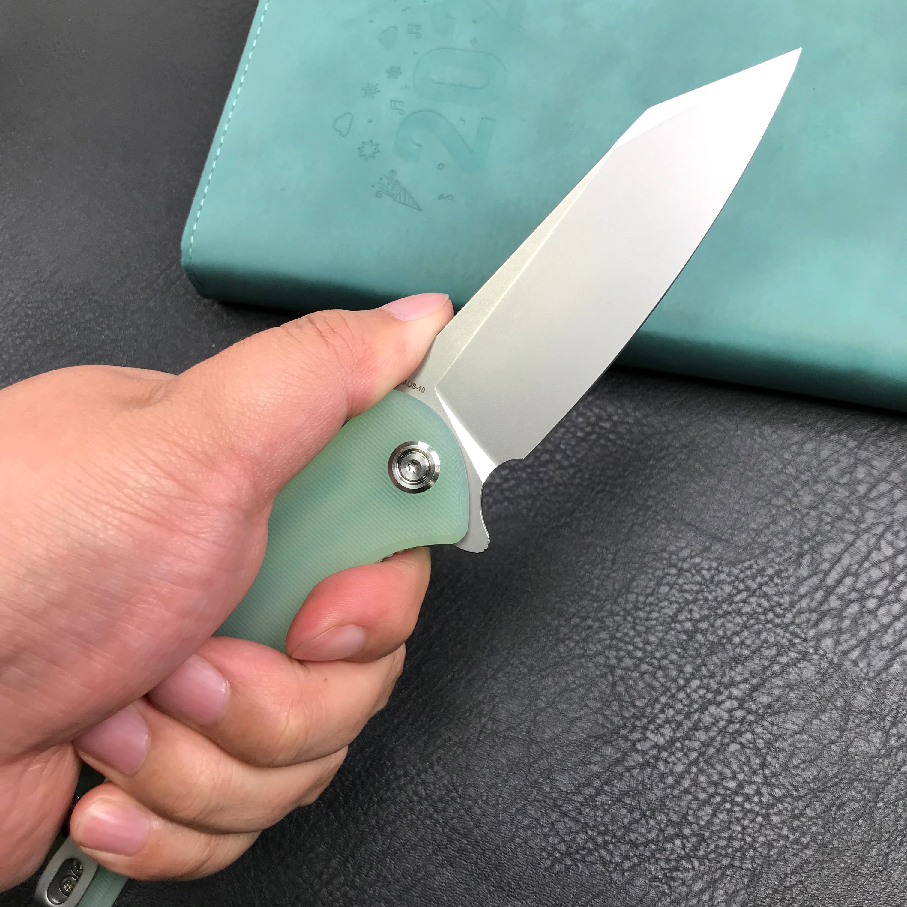 KUBEY KU158I Flash Liner Lock Flipper Folding Knife Jade G10 Handle 3.82" Blasted Stonewashed AUS-10