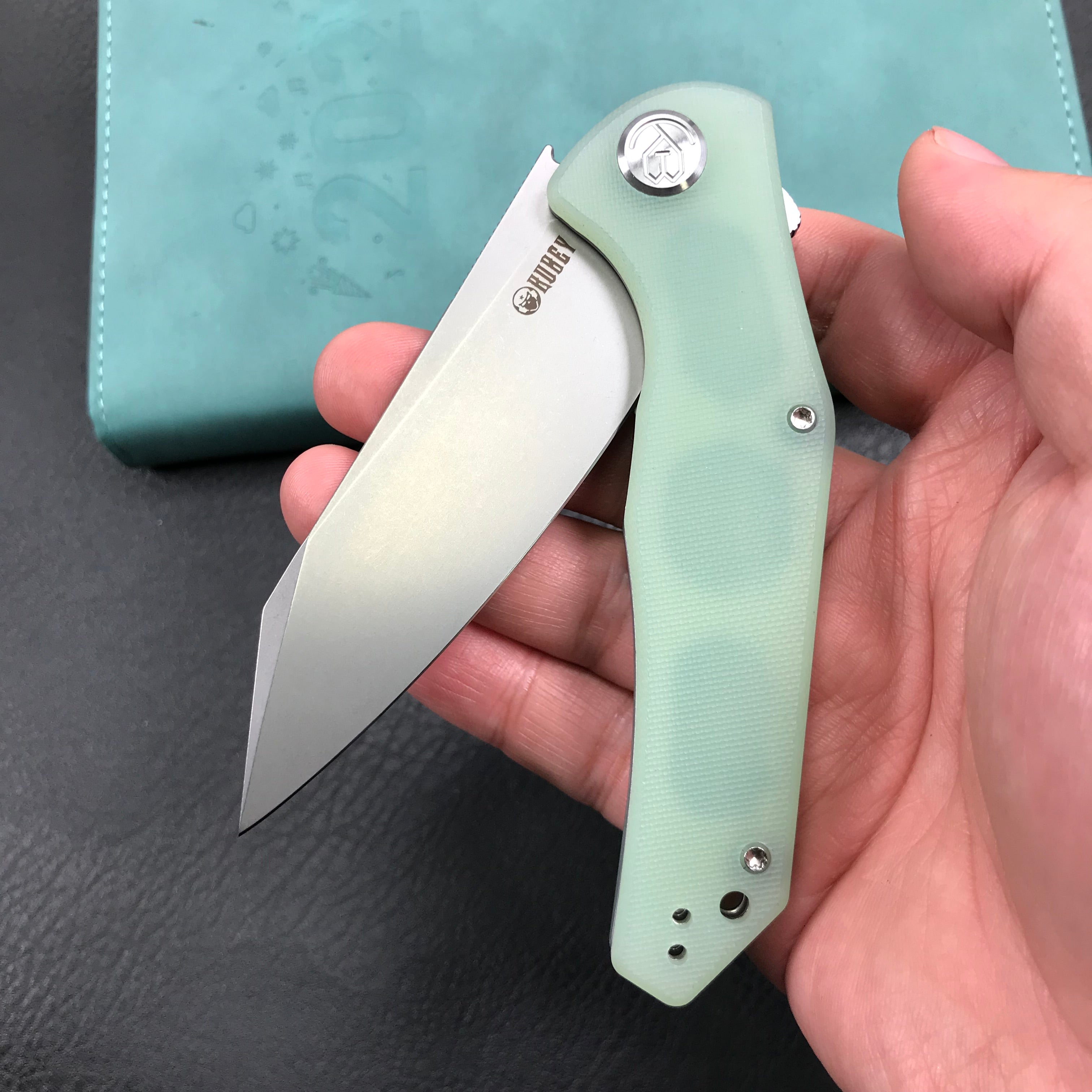 KUBEY KU158I Flash Liner Lock Flipper Folding Knife Jade G10 Handle 3.82" Blasted Stonewashed AUS-10