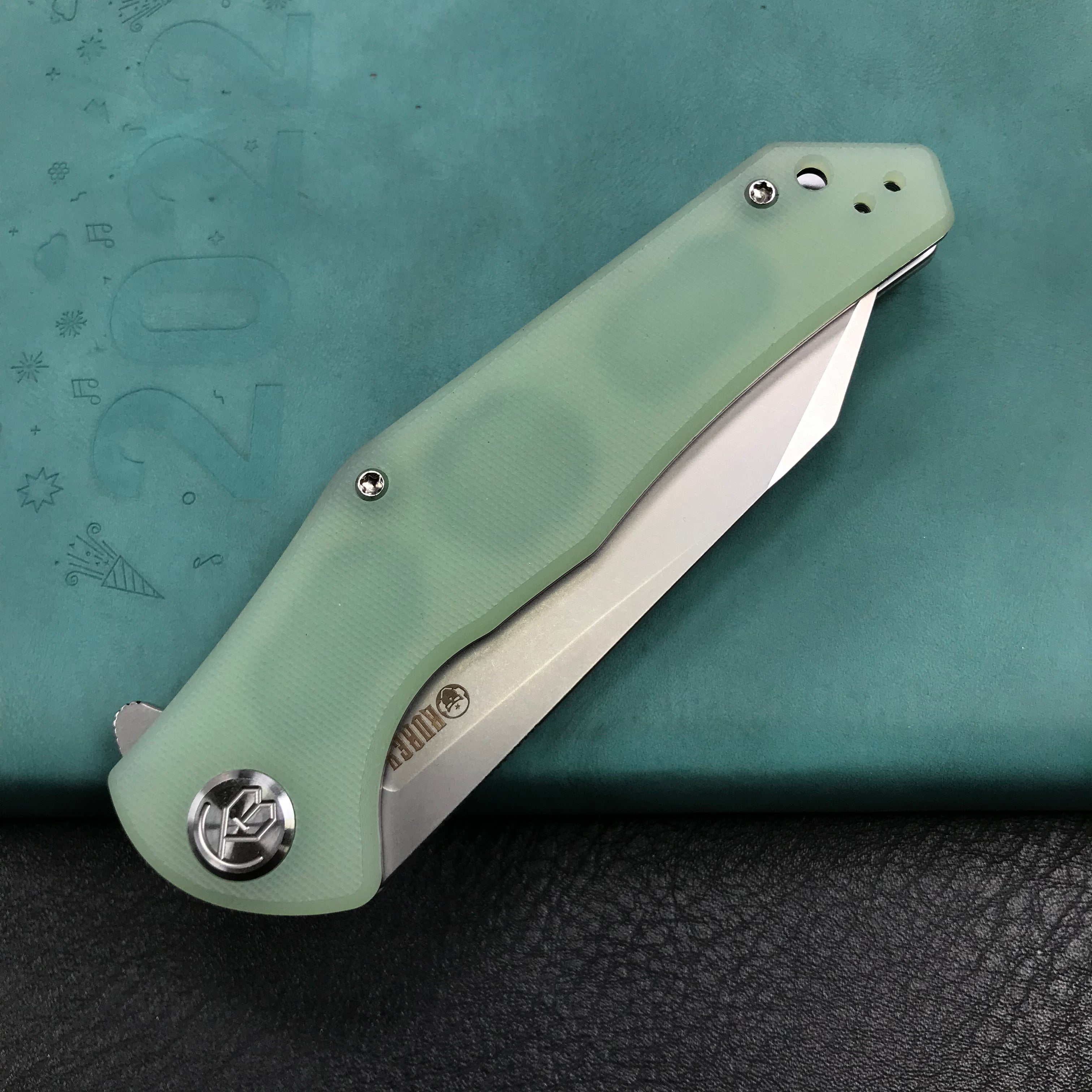 KUBEY KU158I Flash Liner Lock Flipper Folding Knife Jade G10 Handle 3.82" Blasted Stonewashed AUS-10