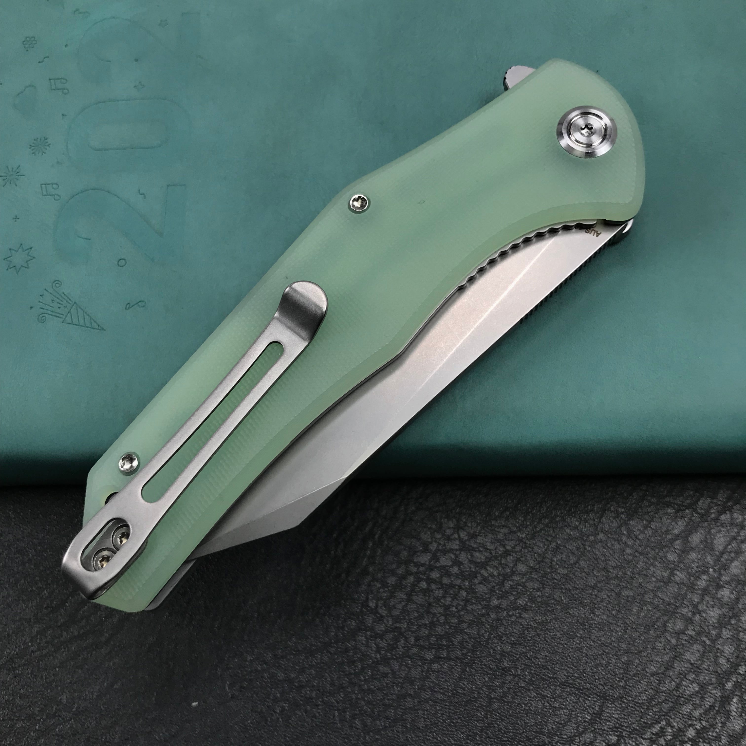 KUBEY KU158I Flash Liner Lock Flipper Folding Knife Jade G10 Handle 3.82" Blasted Stonewashed AUS-10