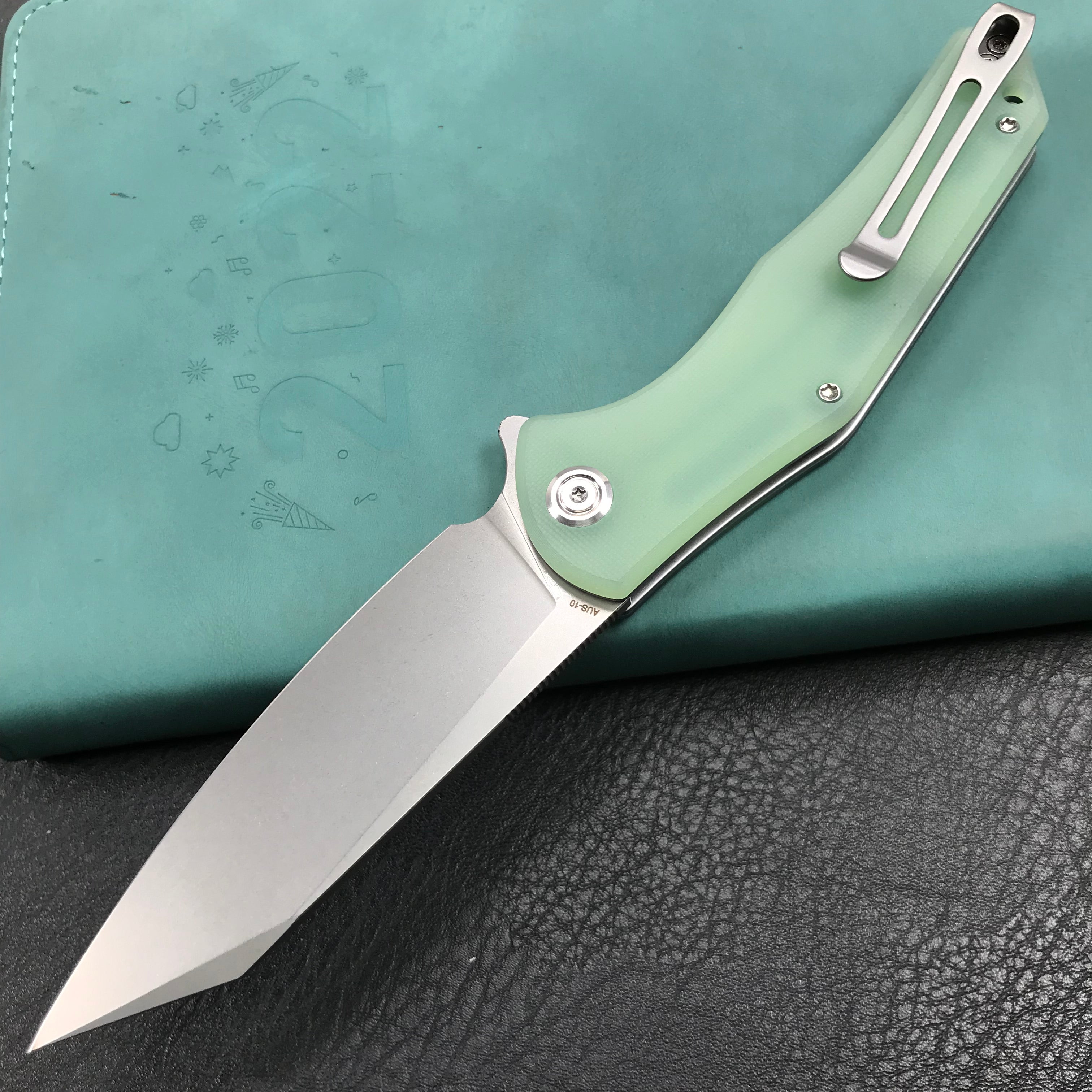 KUBEY KU158I Flash Liner Lock Flipper Folding Knife Jade G10 Handle 3.82" Blasted Stonewashed AUS-10