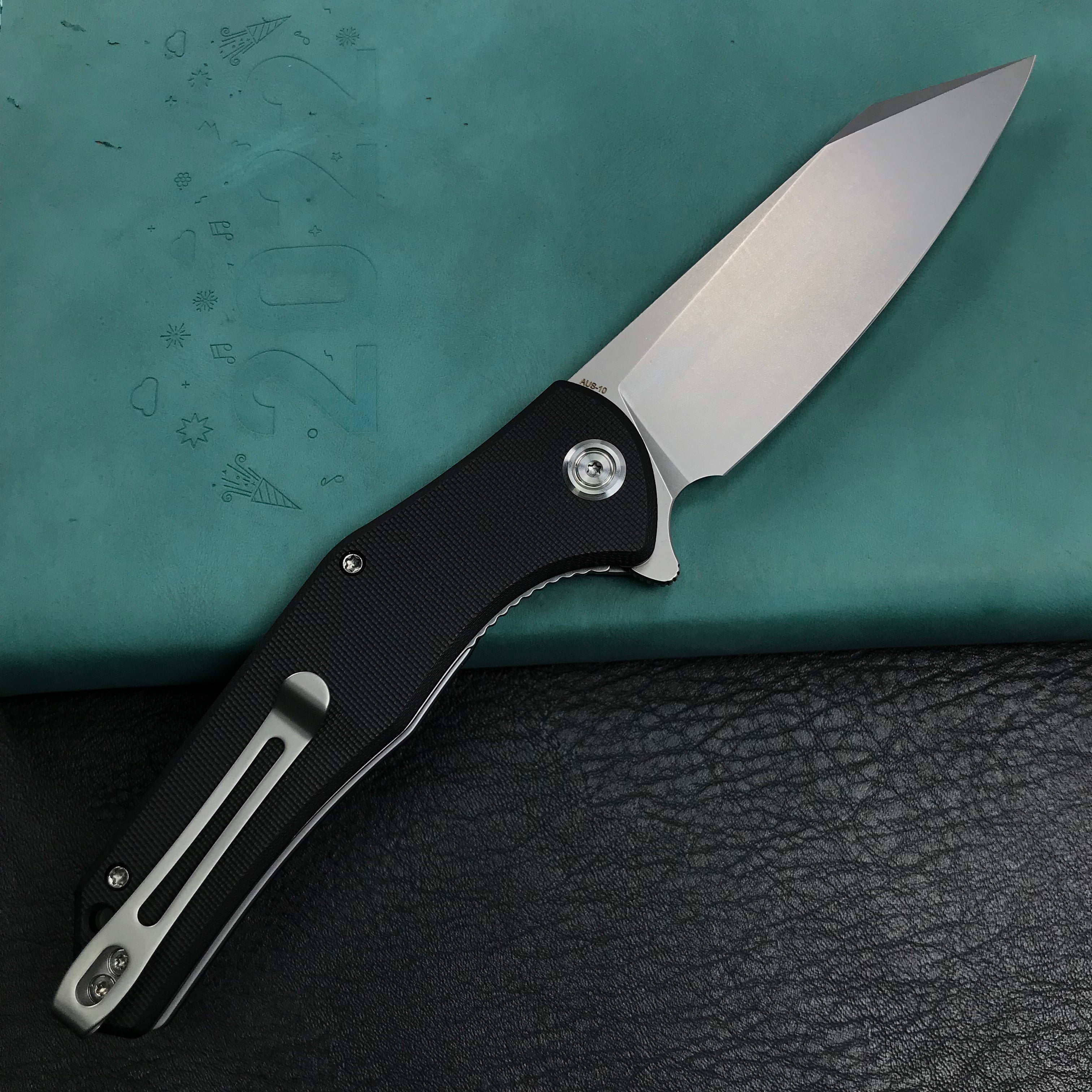 KUBEY KU158E Flash Liner Lock Flipper Folding Knife Black G10 Handle 3.82" Blasted Stonewashed AUS-10