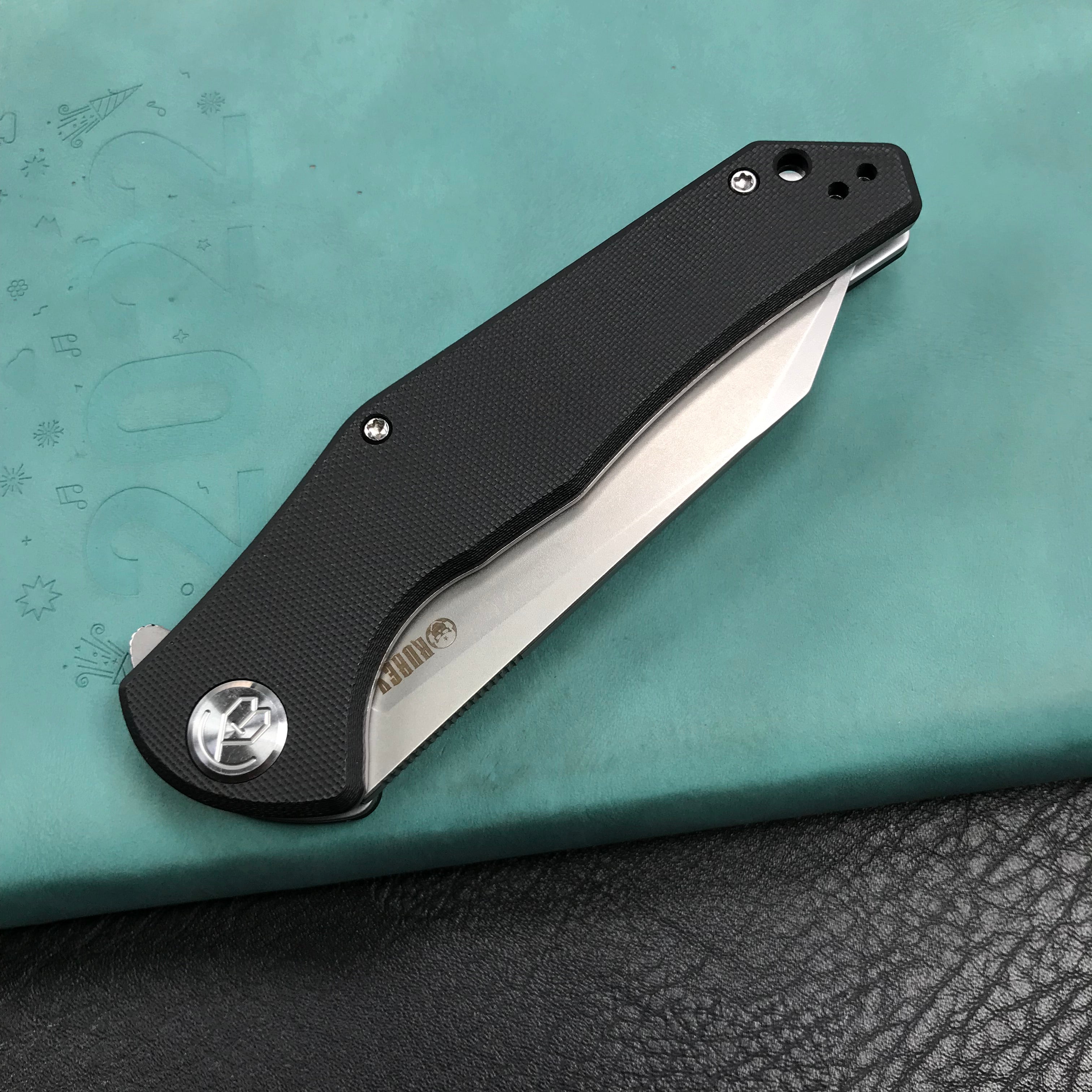 KUBEY KU158E Flash Liner Lock Flipper Folding Knife Black G10 Handle 3.82" Blasted Stonewashed AUS-10