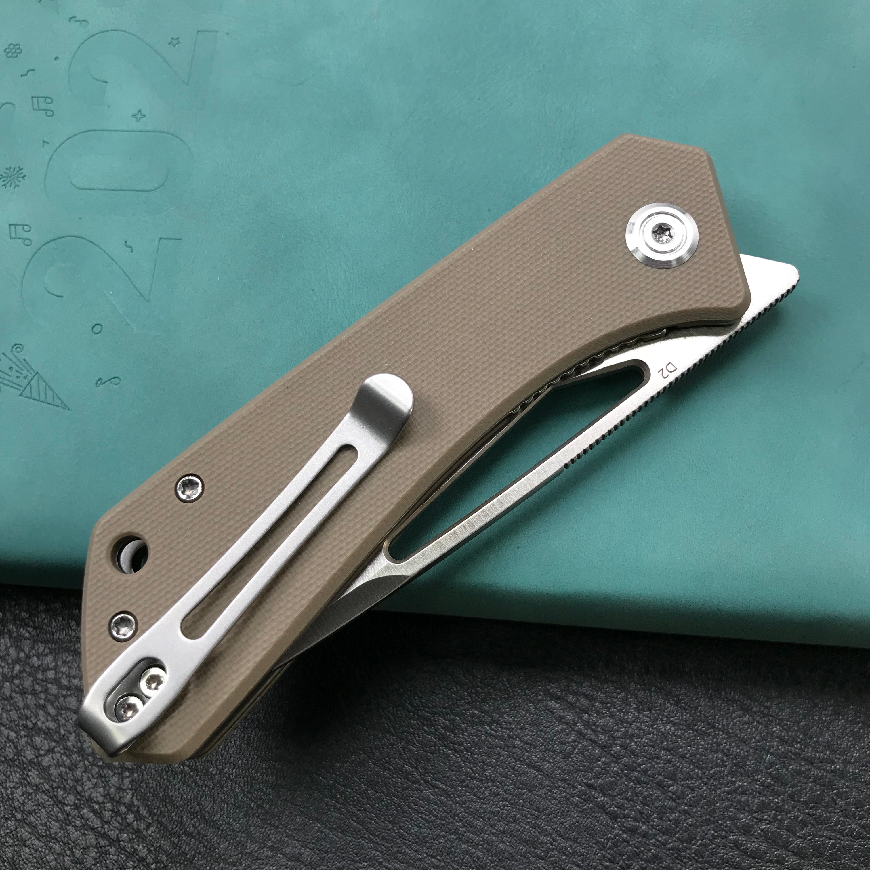 KUBEY KU331F Front Flipper EDC Pocket Folding Knife Tan G10 Handle 3.27" Satin D2