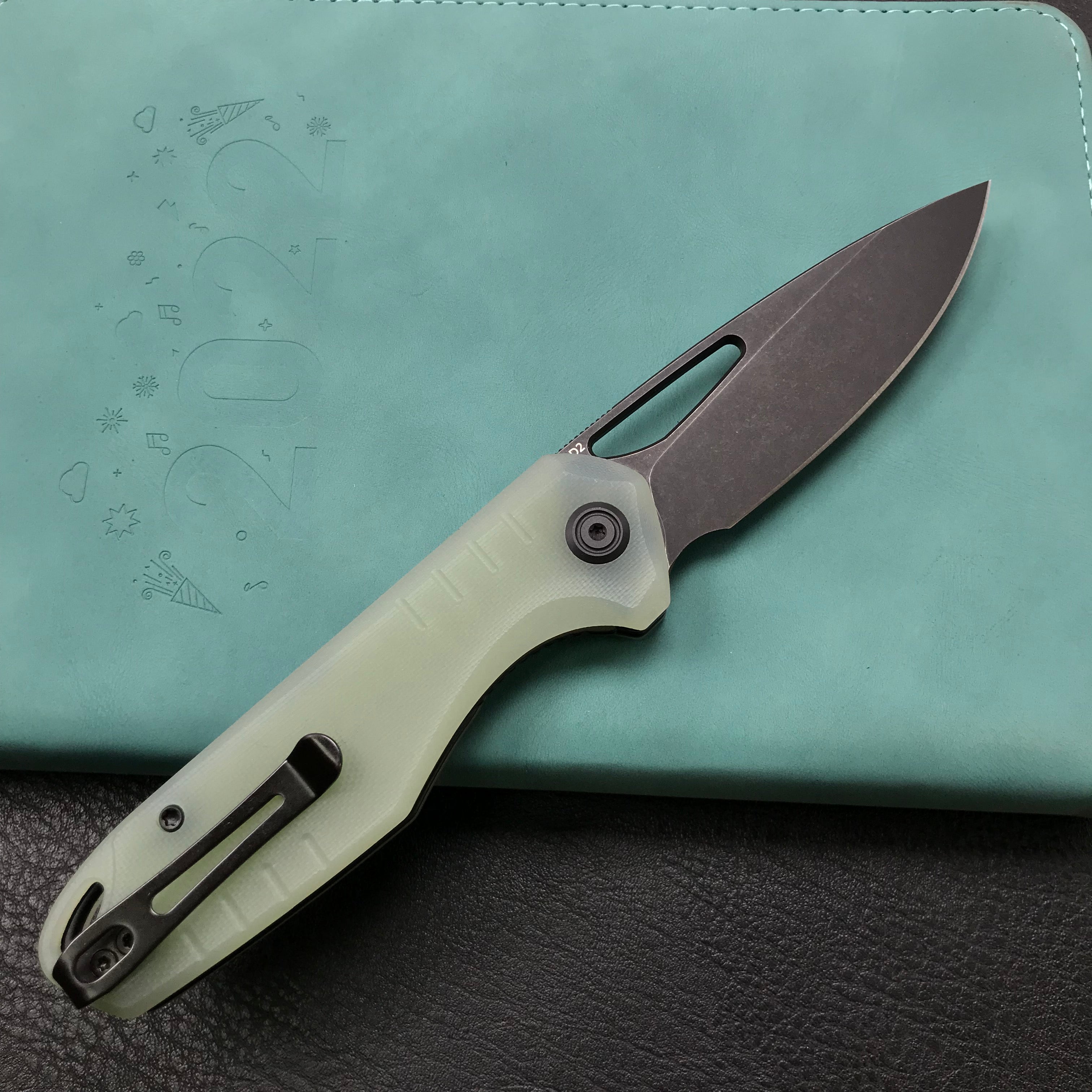 KUBEY KU324B  Jade G10 Handle Front Flipper Folding Knife 3.27"Dark Stonewahsed D2