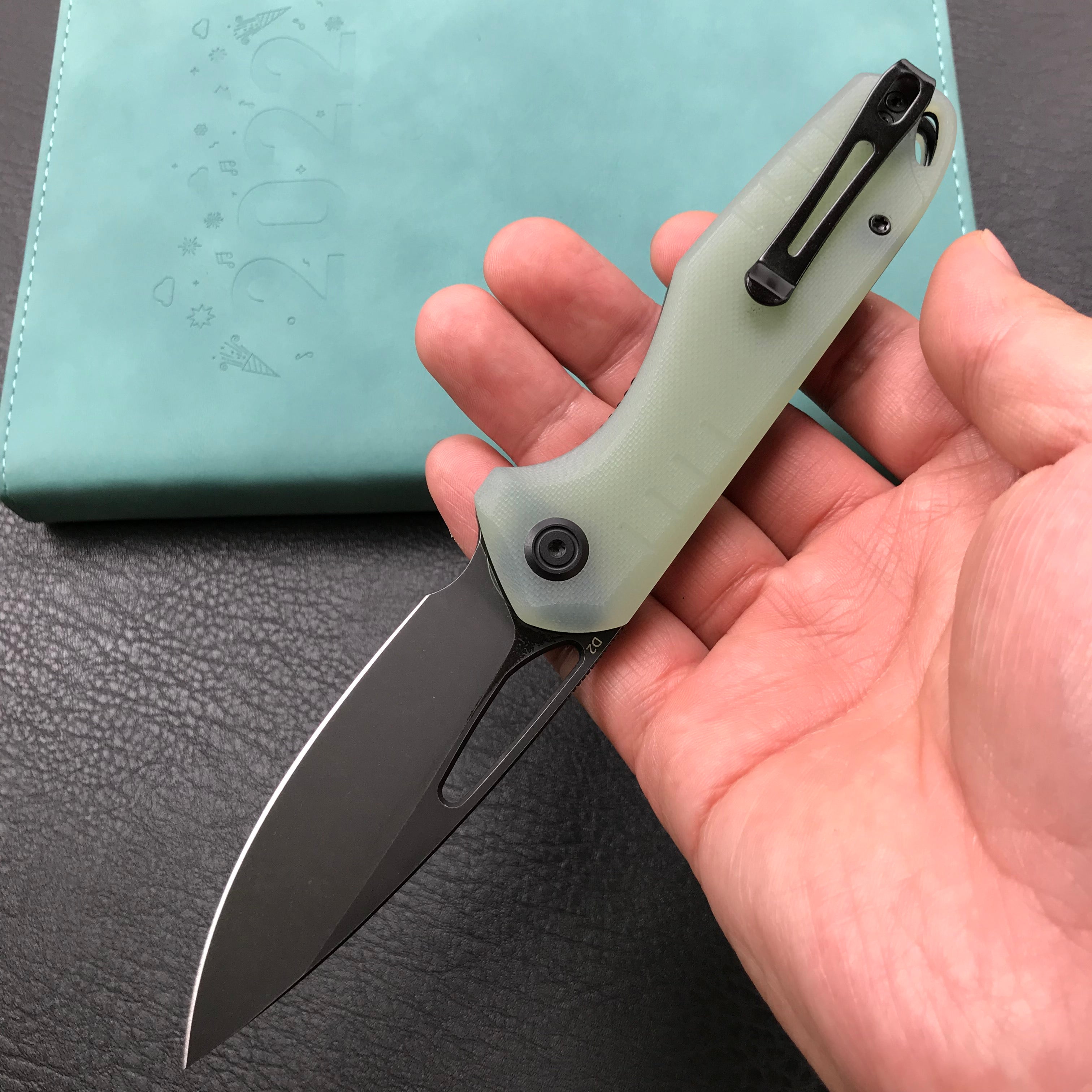 KUBEY KU331E Front Flipper EDC Pocket Folding Knife  Jade G10 Handle 3.27" Dark Stonewashed D2