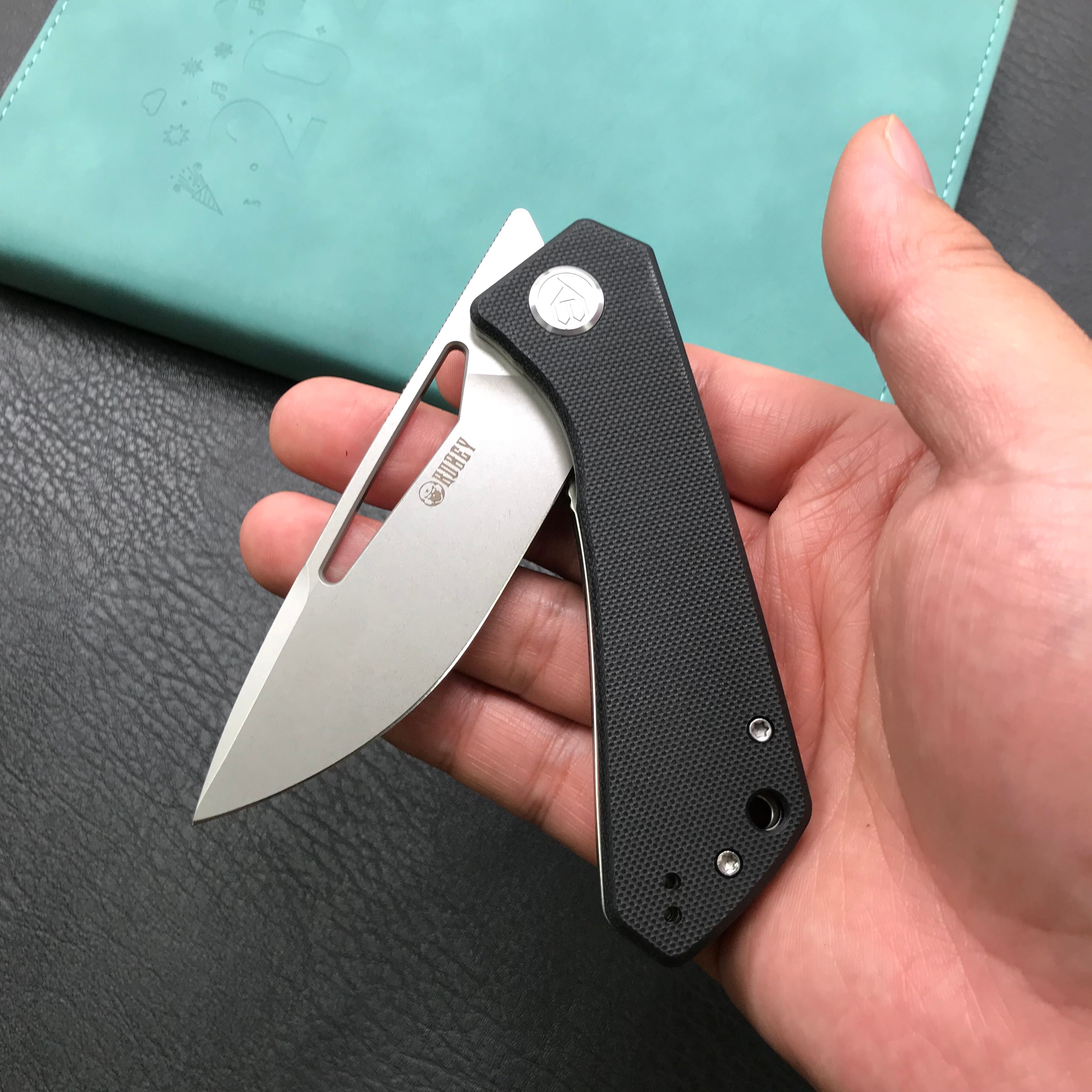 KUBEY KU331A Front Flipper EDC Pocket Folding Knife Black G10 Handle 3.27" Blasted Stonewashed D2