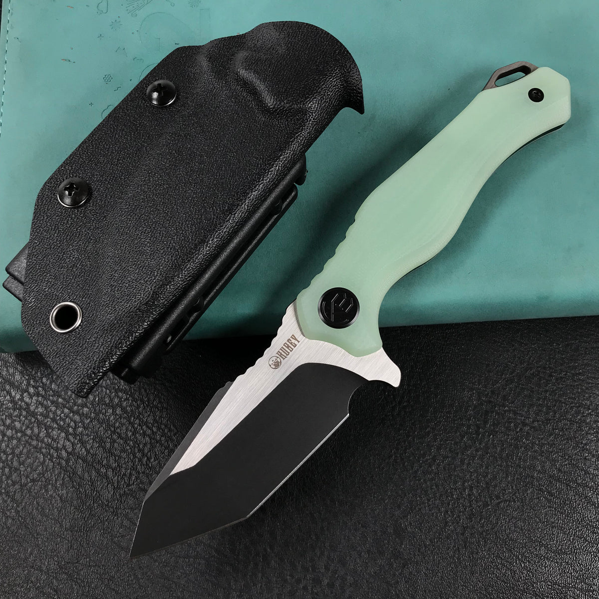 KUBEY KU230F Golf EDC Fixed Blade Knife Jade G-10 Handle  3.1" Black Titanium Coated   AUS-10