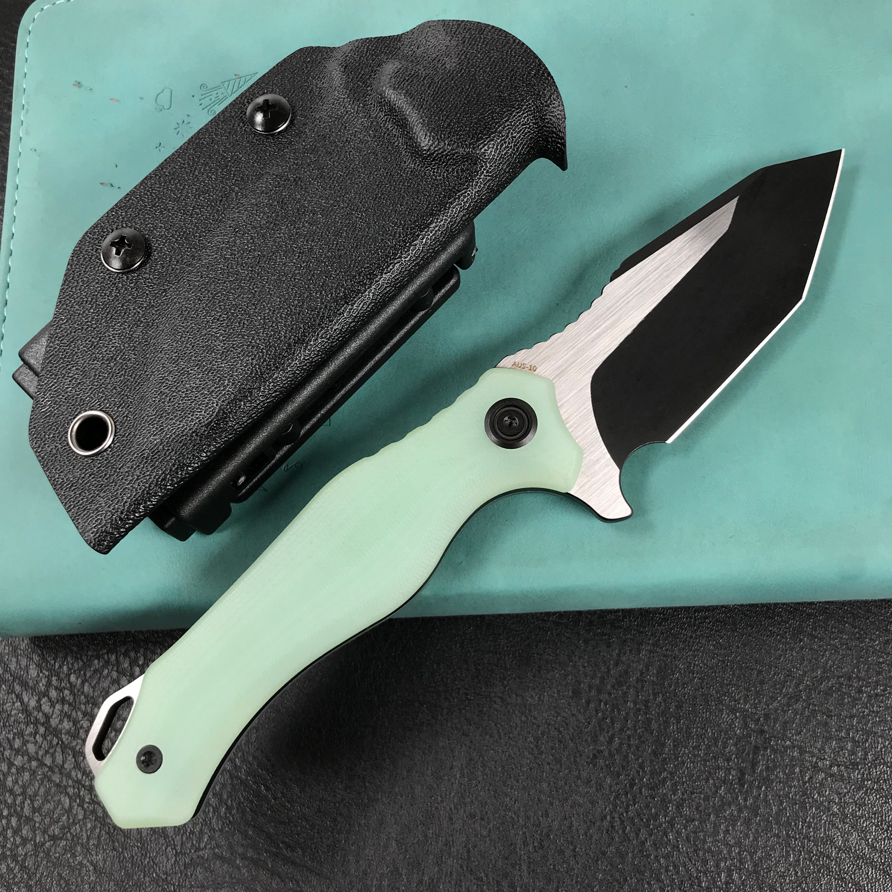 KUBEY KU230F Golf EDC Fixed Blade Knife Jade G-10 Handle  3.1" Black Titanium Coated   AUS-10