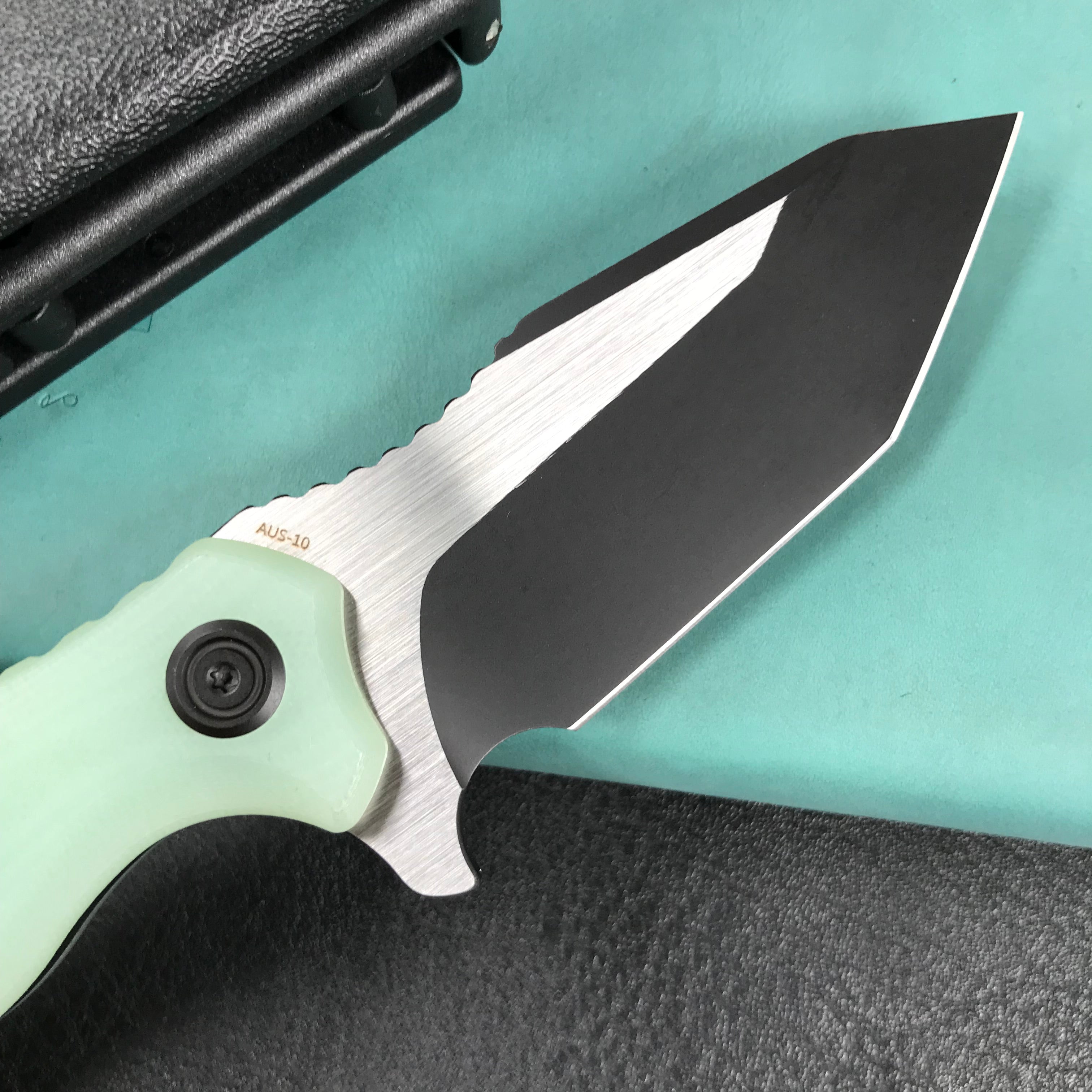 KUBEY KU230F Golf EDC Fixed Blade Knife Jade G-10 Handle  3.1" Black Titanium Coated   AUS-10