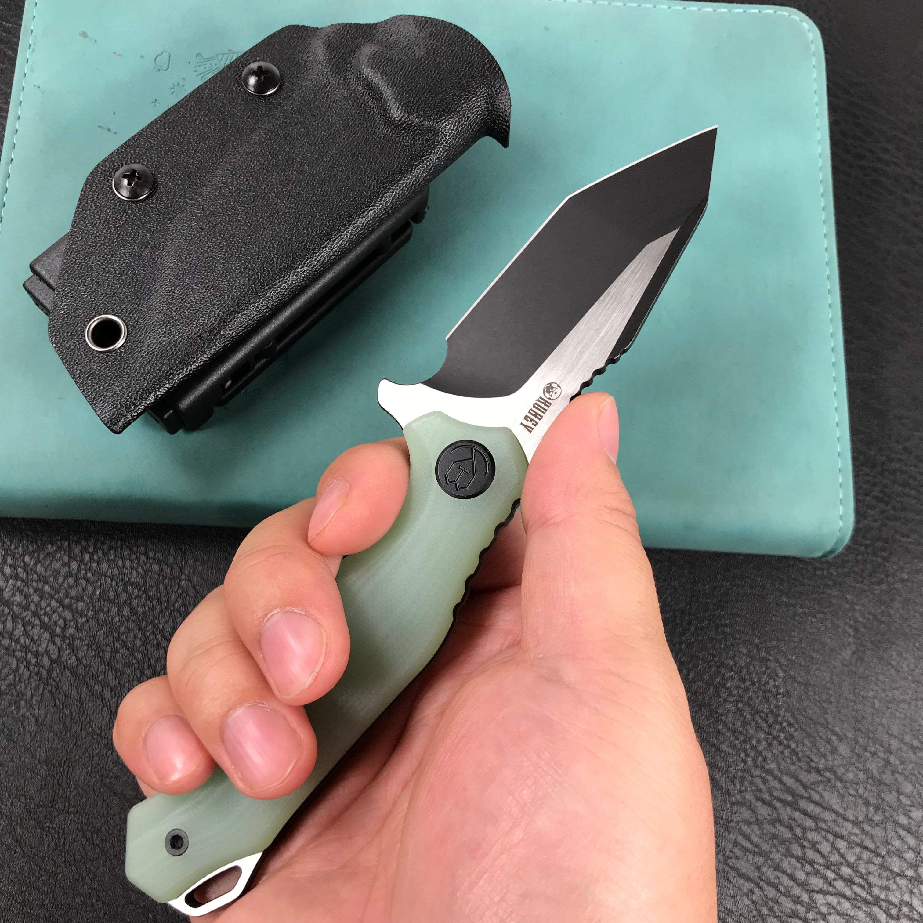 KUBEY KU230F Golf EDC Fixed Blade Knife Jade G-10 Handle  3.1" Black Titanium Coated   AUS-10