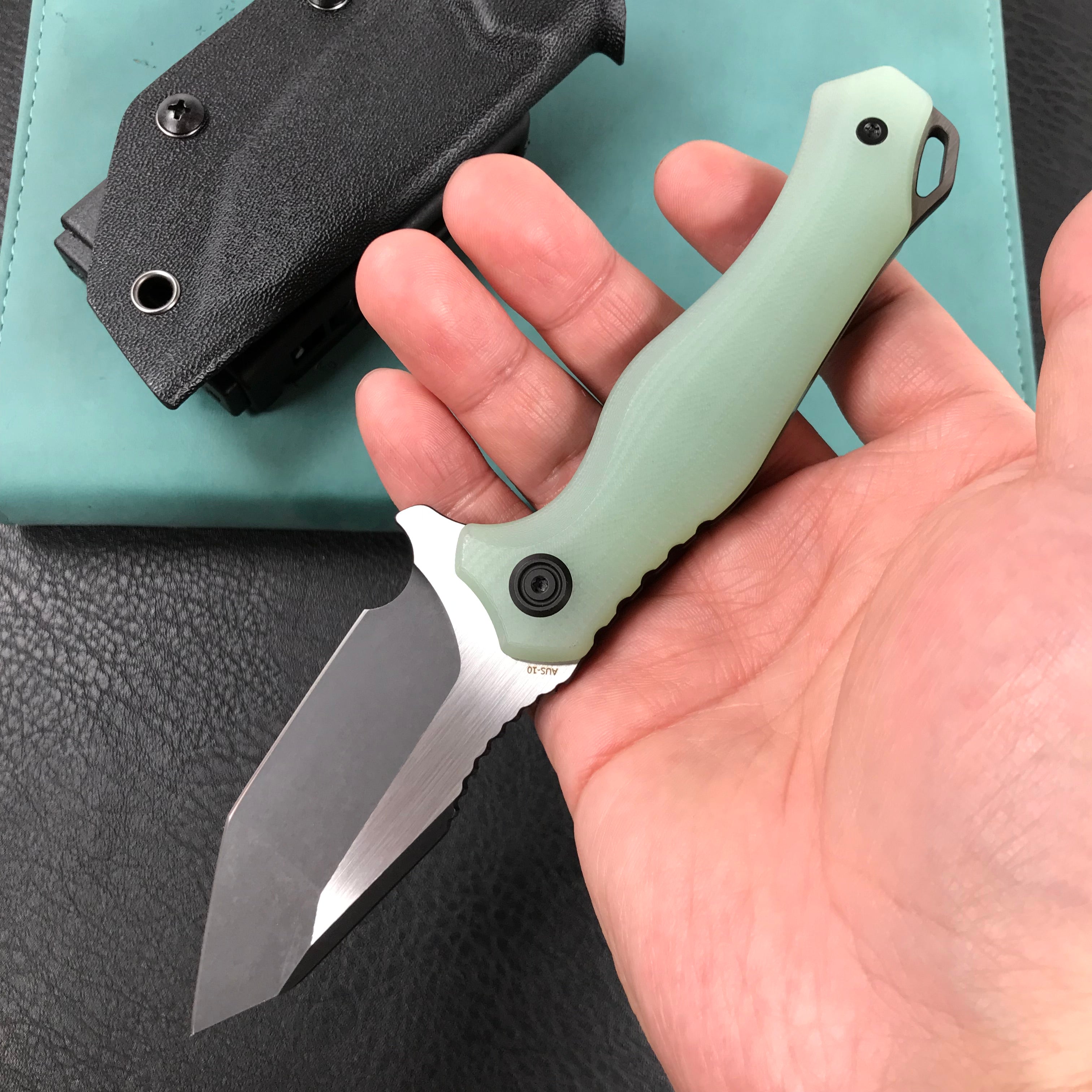 KUBEY KU230F Golf EDC Fixed Blade Knife Jade G-10 Handle  3.1" Black Titanium Coated   AUS-10