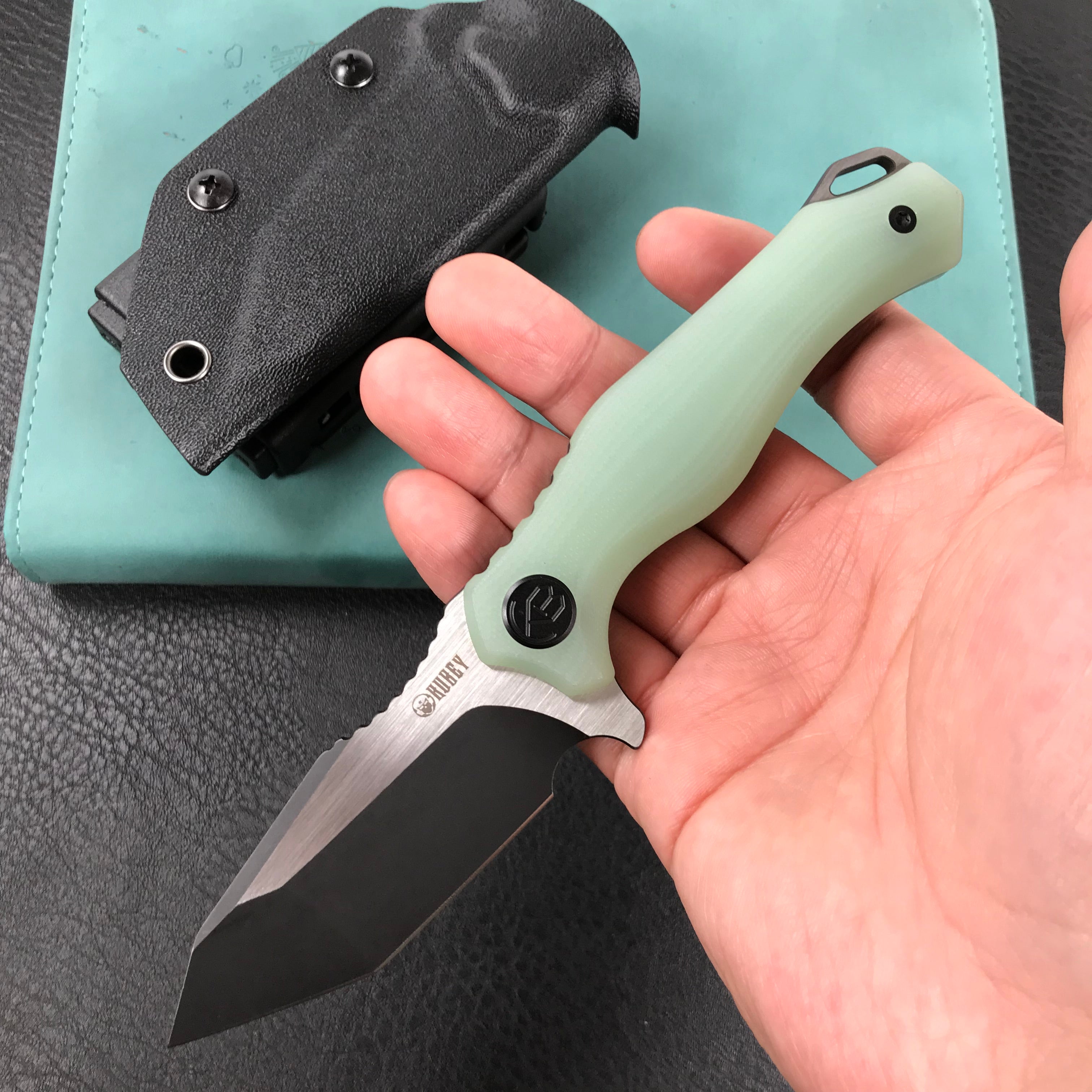 KUBEY KU230F Golf EDC Fixed Blade Knife Jade G-10 Handle  3.1" Black Titanium Coated   AUS-10