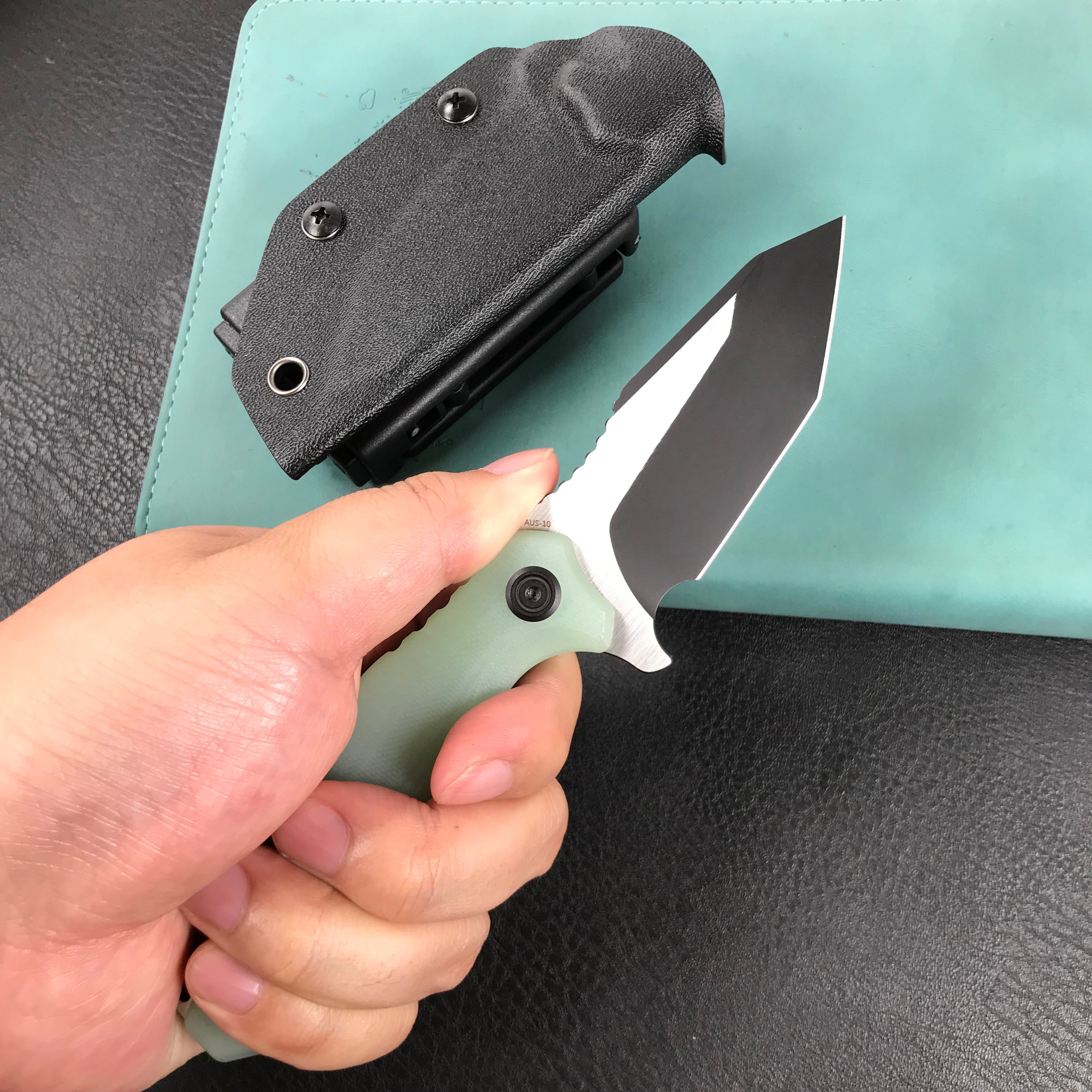 KUBEY KU230F Golf EDC Fixed Blade Knife Jade G-10 Handle  3.1" Black Titanium Coated   AUS-10