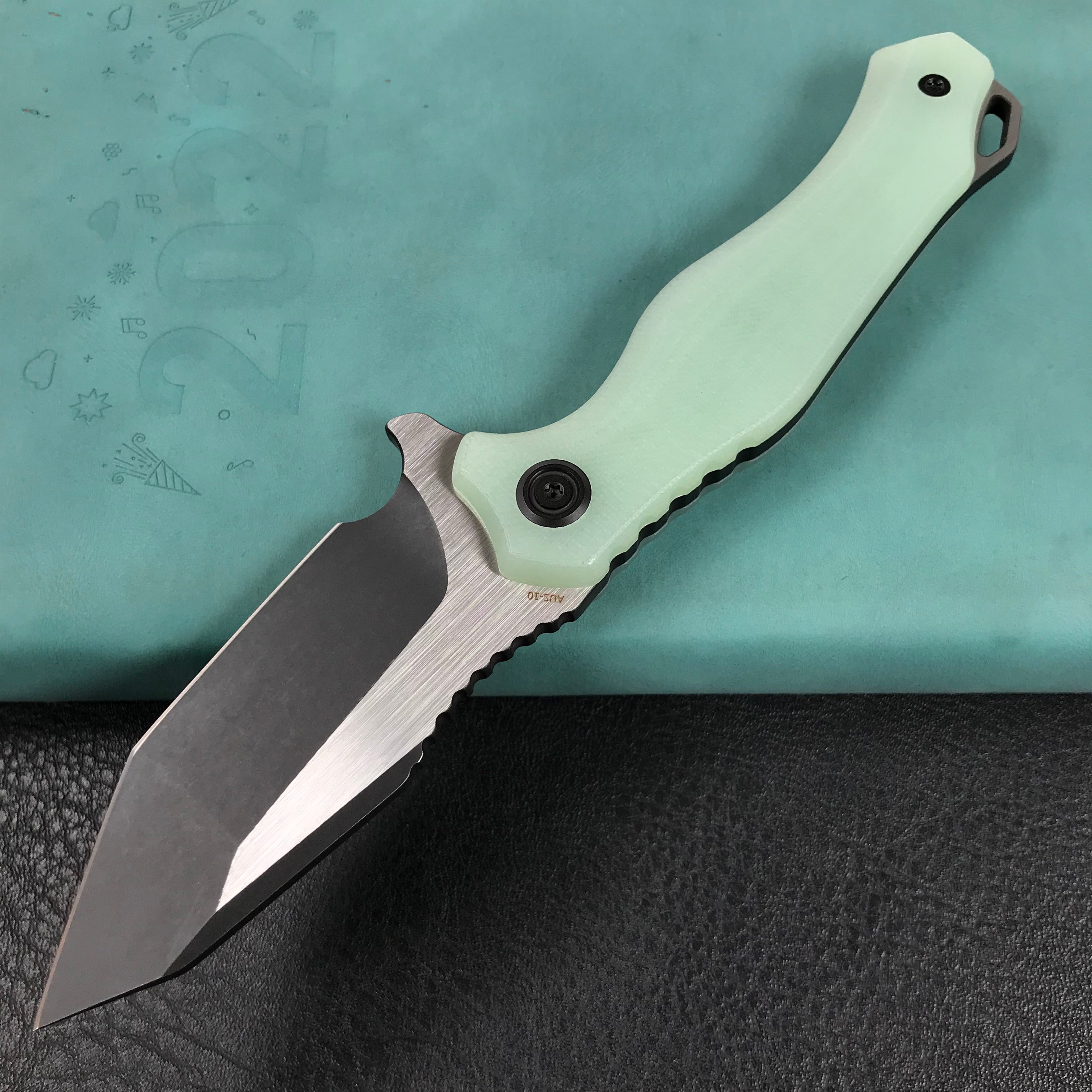 KUBEY KU230F Golf EDC Fixed Blade Knife Jade G-10 Handle  3.1" Black Titanium Coated   AUS-10