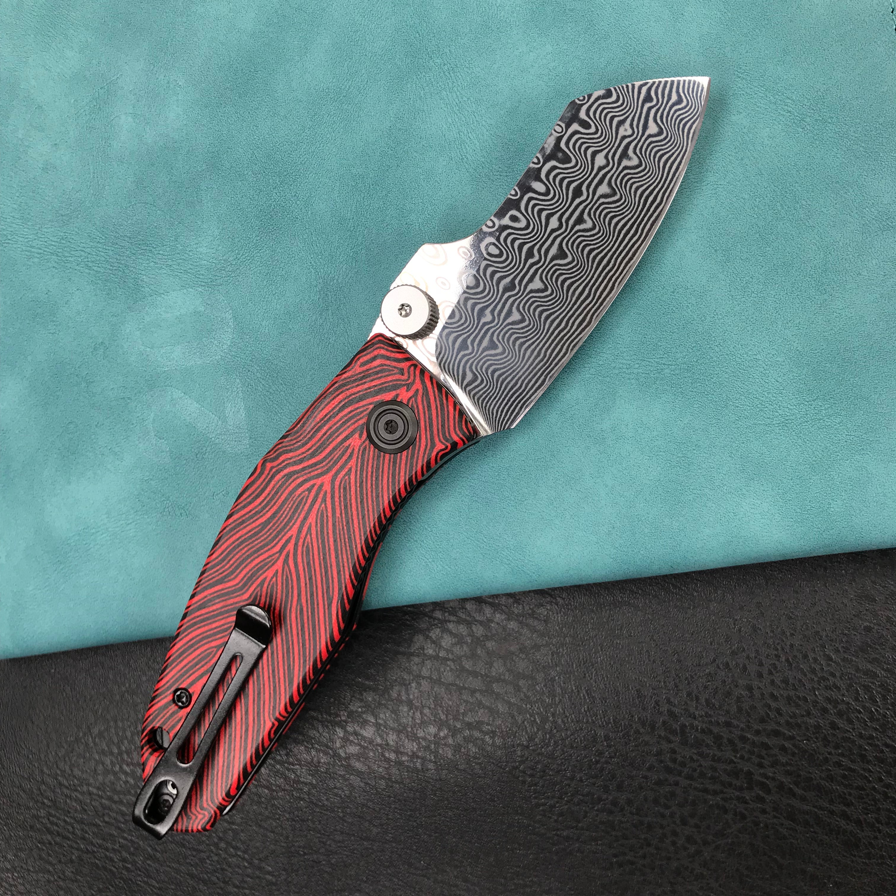 KUBEY KU337G Monsterdog Liner Lock Folding Knife Black & red G10 Handle 2.95" Damascus